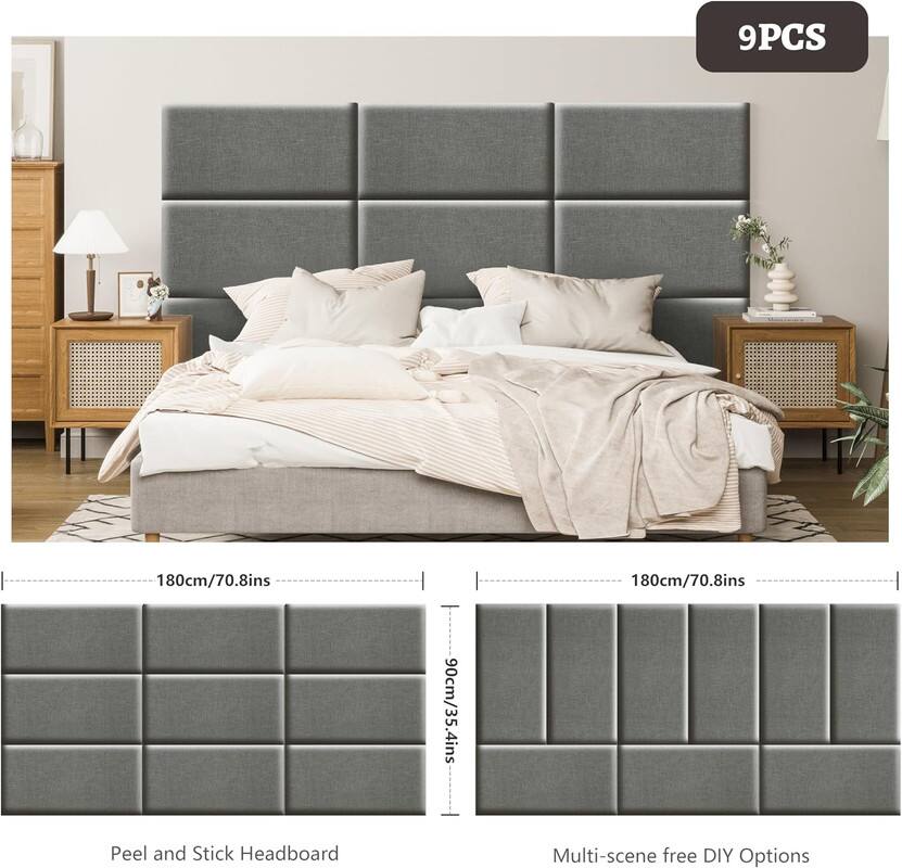 9PCS, 180cm/70.8ins, 180cm/70.8ins, 90cm/35.4ins, Peel and Stick Headboard, Multi-scene free DIY Options
