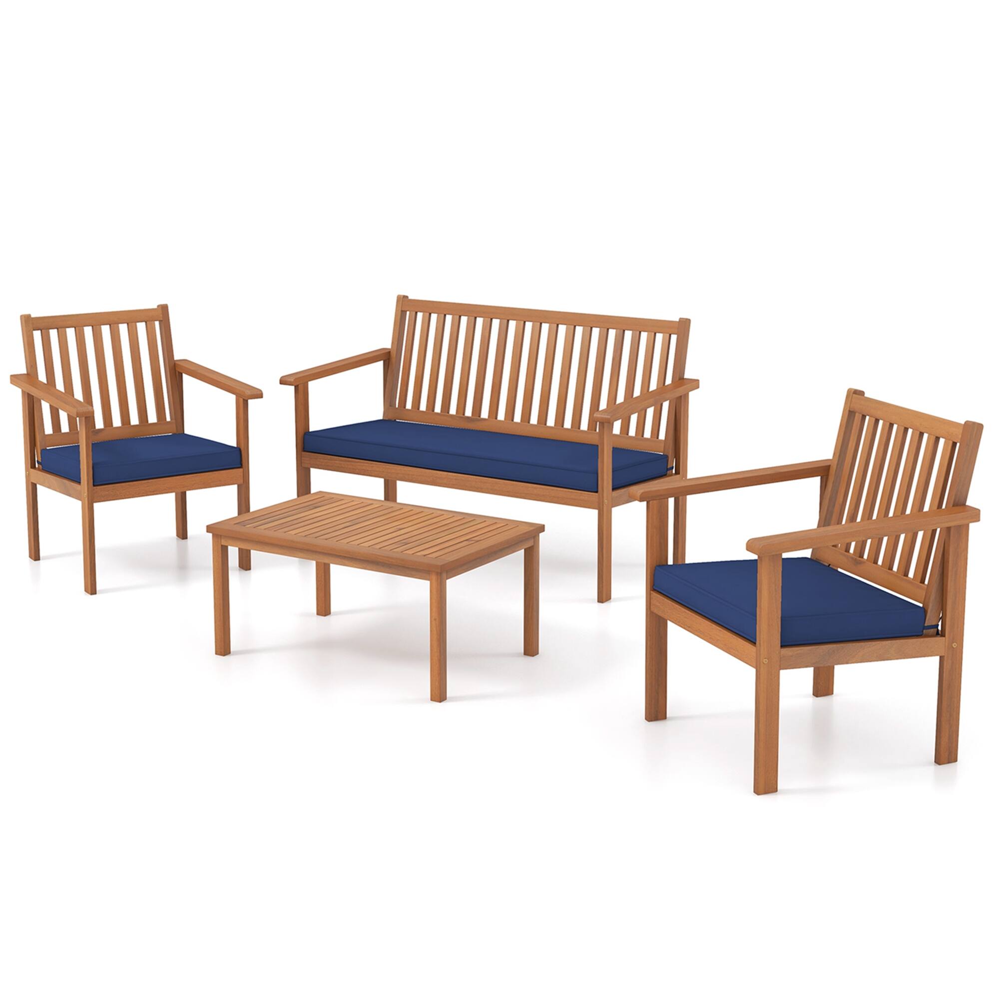 Alt View 9. Costway - 4 PCS Patio Wood Furniture Set with Loveseat, 2 Chairs & Coffee Table for Porch - Natural + Navy.