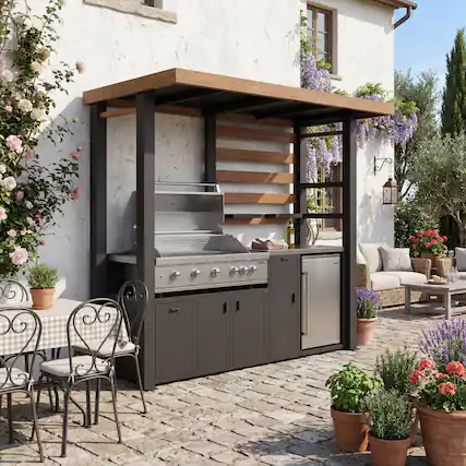 Front. Famapy - Heavy Duty Galvanized Steel Outdoor Grill Gazebo with Storage – Weatherproof BBQ Pavilion for Backyard Cooking - Wooden & Black.
