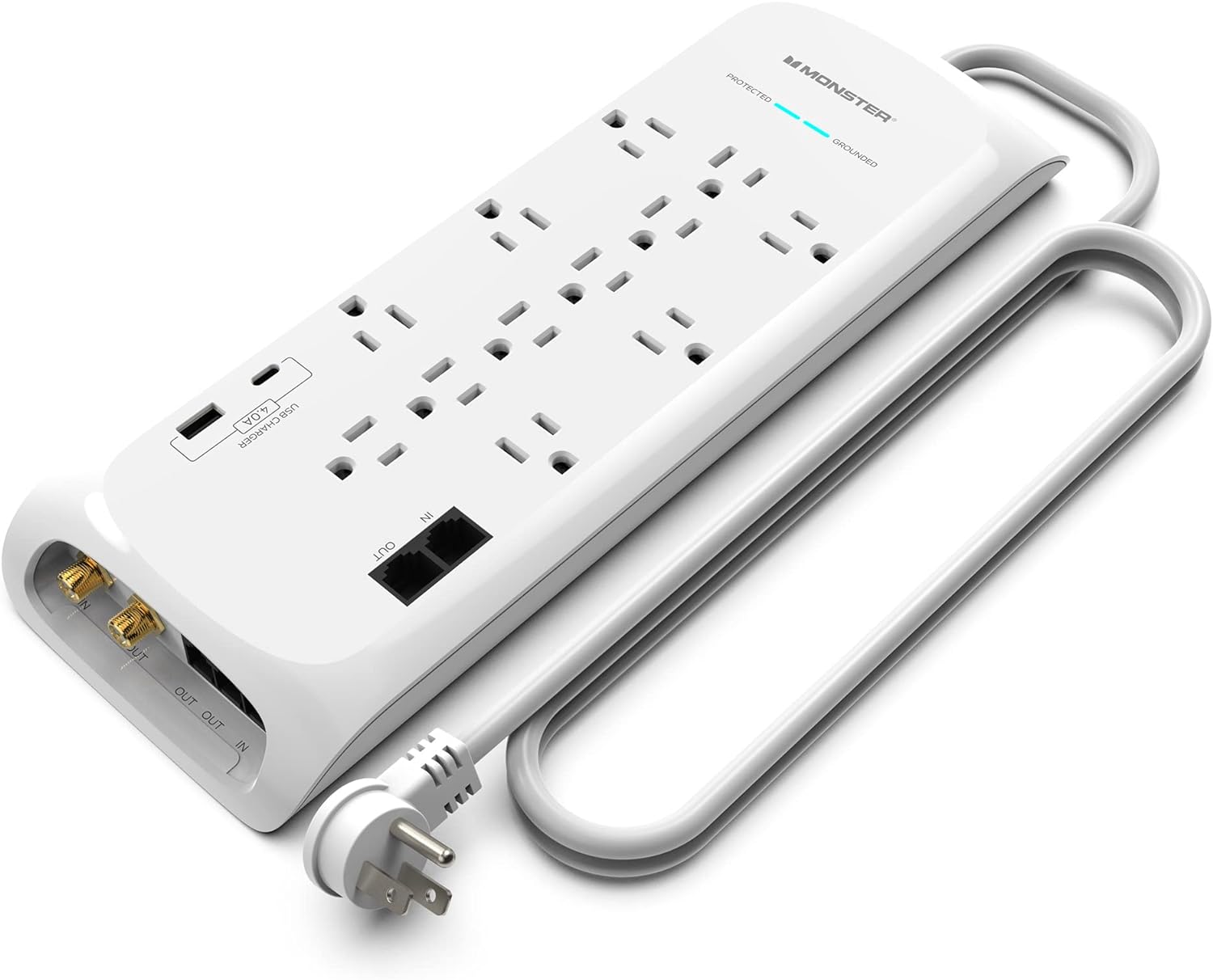 Monster - Heavy Duty Surge Protector Power Strip 6 ft Cord with 12 120V-Outlet Extension, 2 Ethernet Switch Ports, 4050J Rating - White