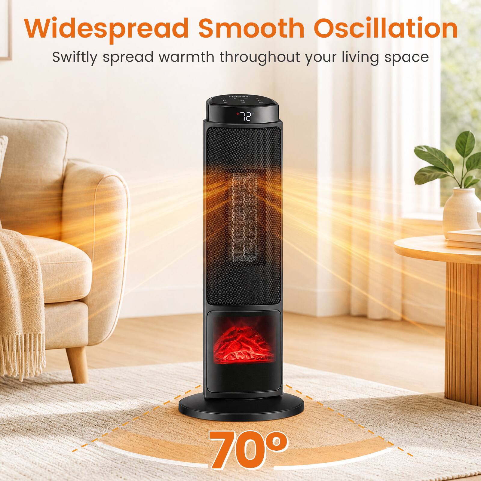 Widespread Smooth Oscillation  
Swiftly spread warmth throughout your living space  
72  
70