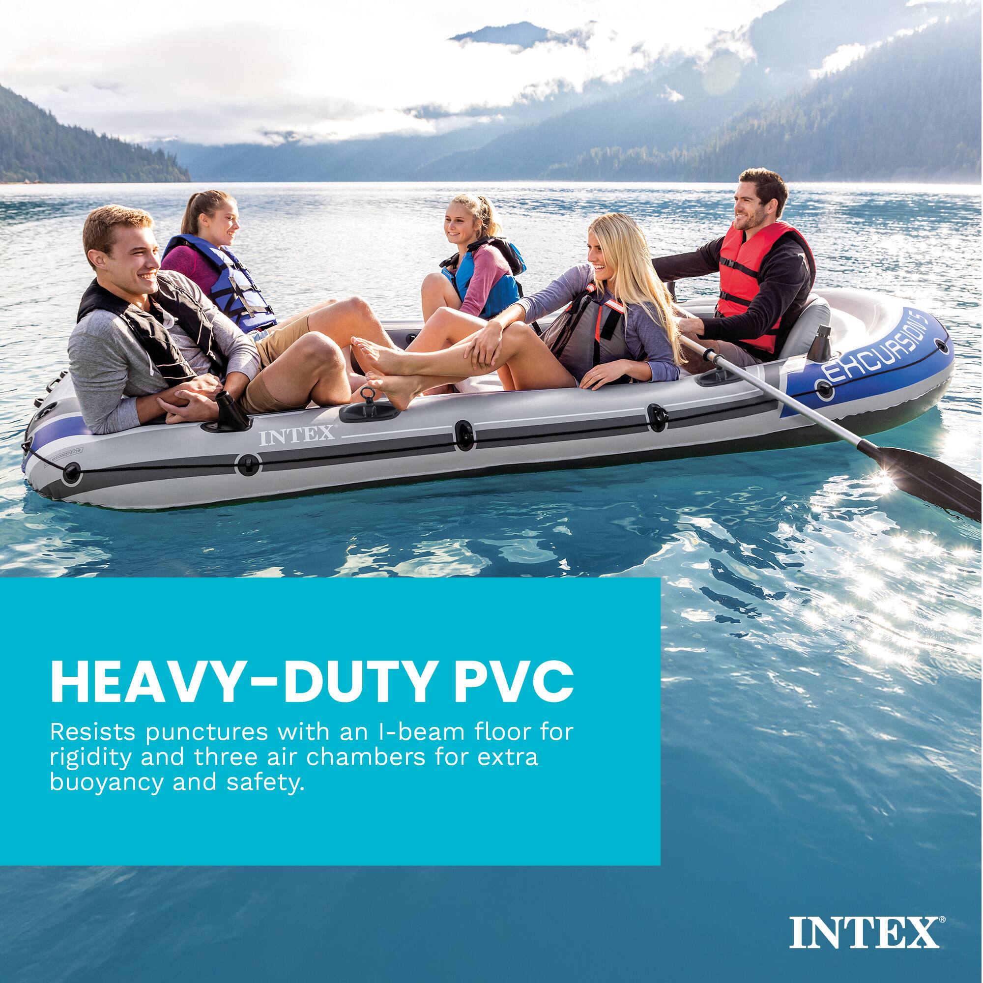 INTEX EACUASDON HEAVY-DUTY PVC Resists punctures with an I-beam floor for rigidity and three air chambers for extra buoyancy and safety. INTEX