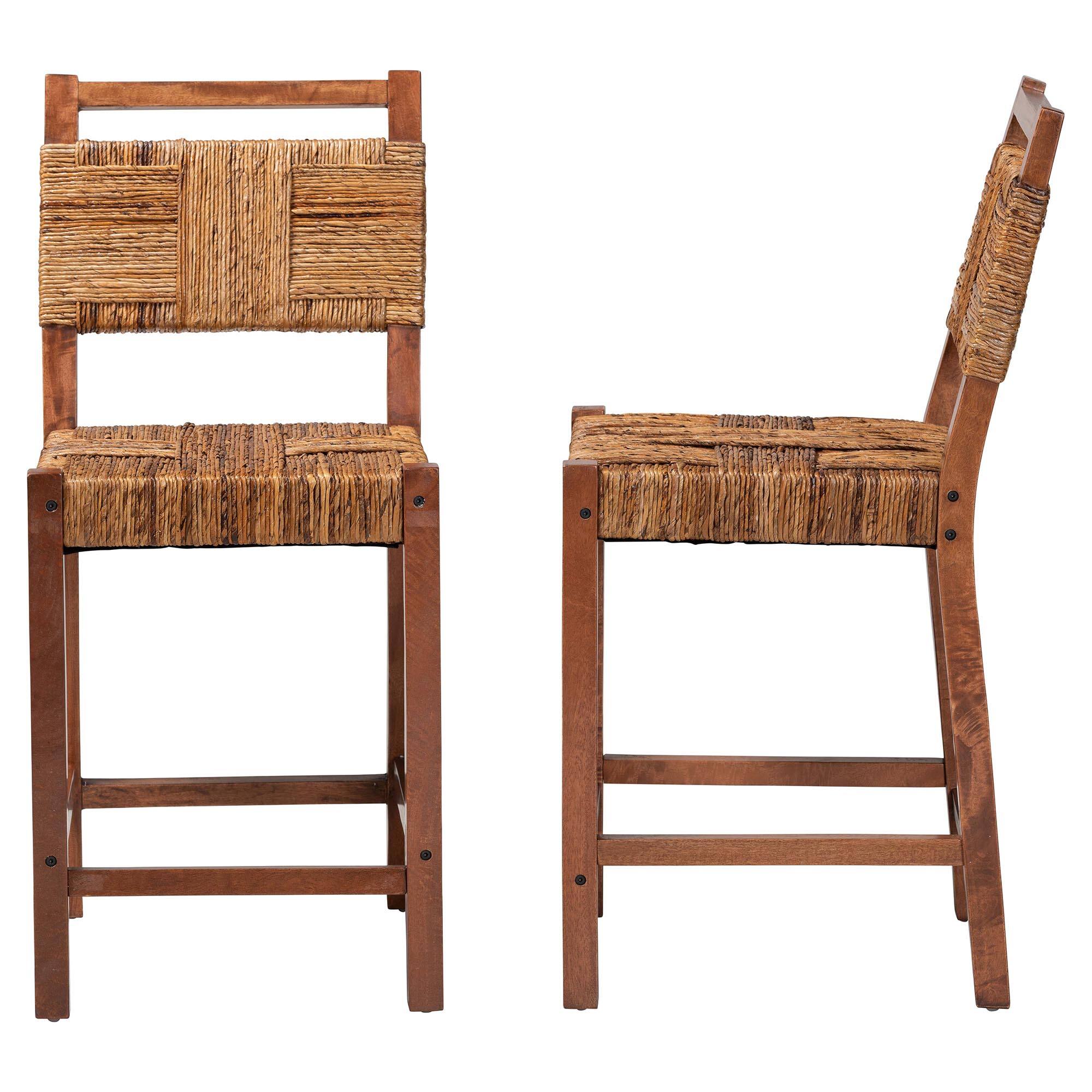 Left. bali & pari - Chabela Seagrass Counter Stool Set of 2 - Solid Mango Wood Frame with Woven Seat and Backrest, Rustic Boho Style - Natural Brown/Light Brown.