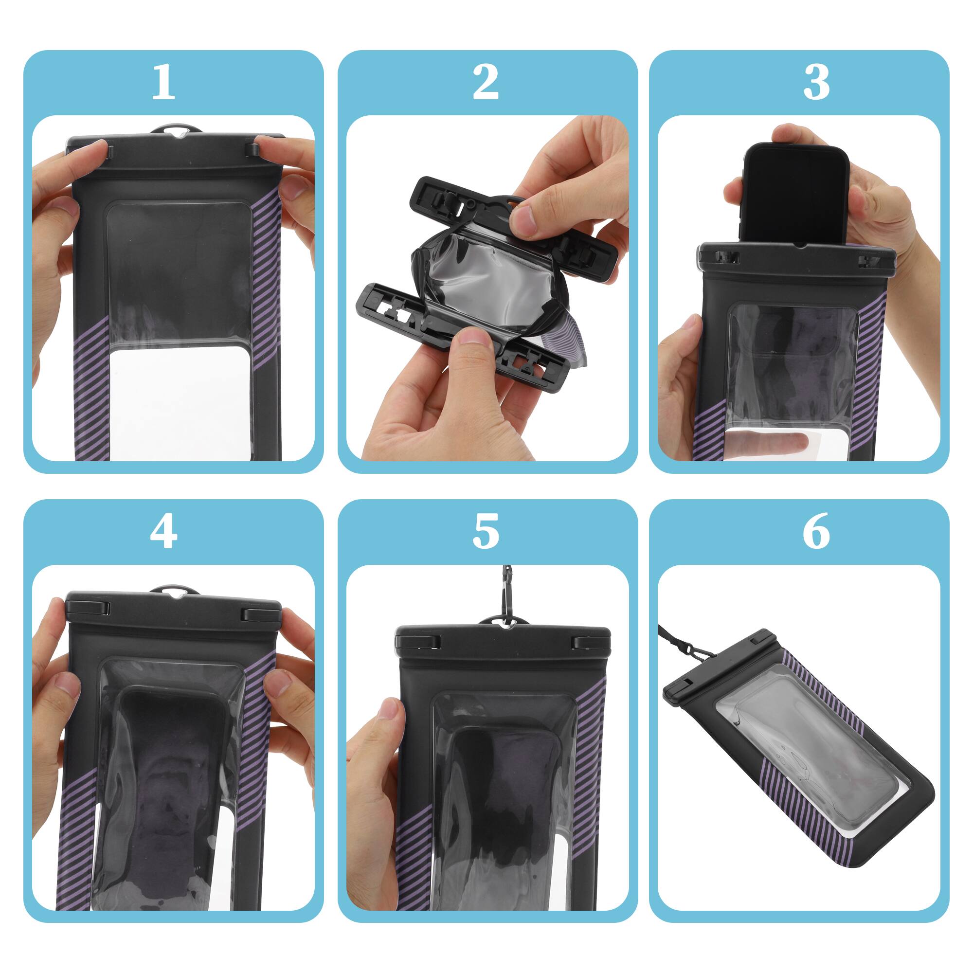 Alt View 4. Unique Bargains - 2pcs Half Stripe Mobile Waterproof Bag Universal Waterproof Case Compatible for Phone 5.51"x9.06" - Black Purple.