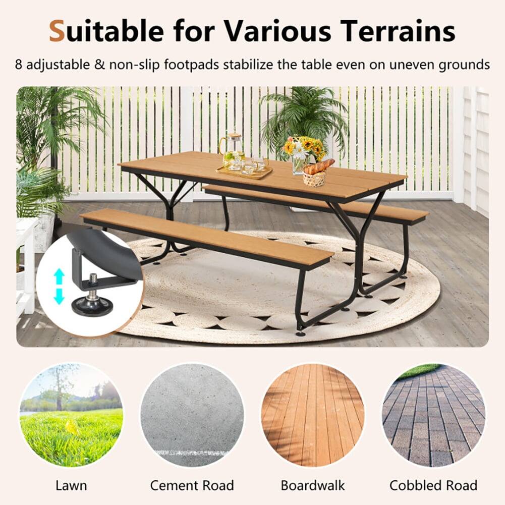 Suitable for Various Terrains

8 adjustable & non-slip footpads stabilize the table even on uneven grounds

Lawn  
Cement Road  
Boardwalk  
Cobbled Road
