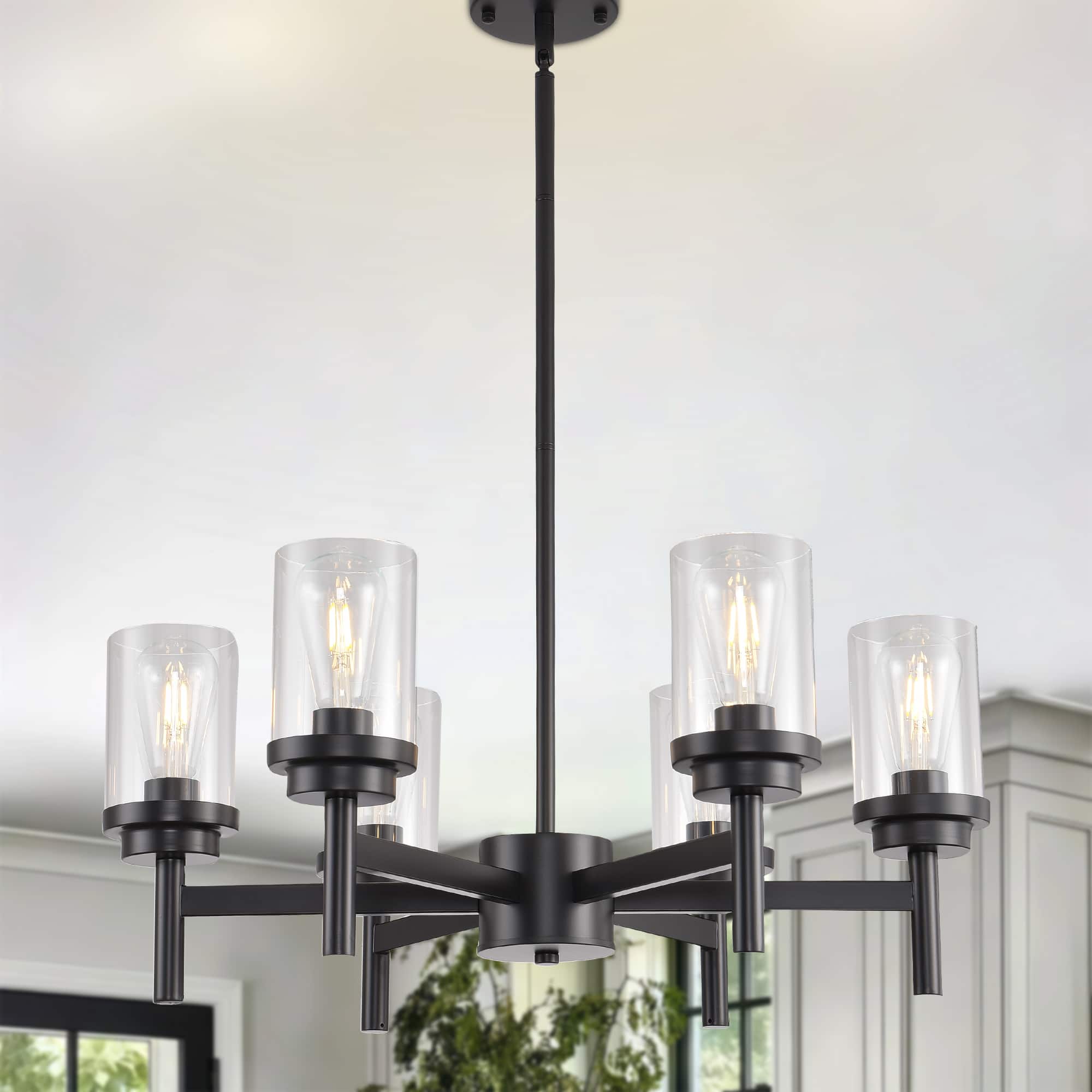 Front. RYHNUYNE - 6-Light Dining Room Light Fixtures Over Table,Black Farmhouse Glass Chandelier,Industrial Lighting for Living Room Foyer - Black.