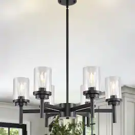 RYHNUYNE - 6-Light Dining Room Light Fixtures Over Table, Farmhouse Glass Chandelier,Industrial Lighting for Living Room Foyer - Black