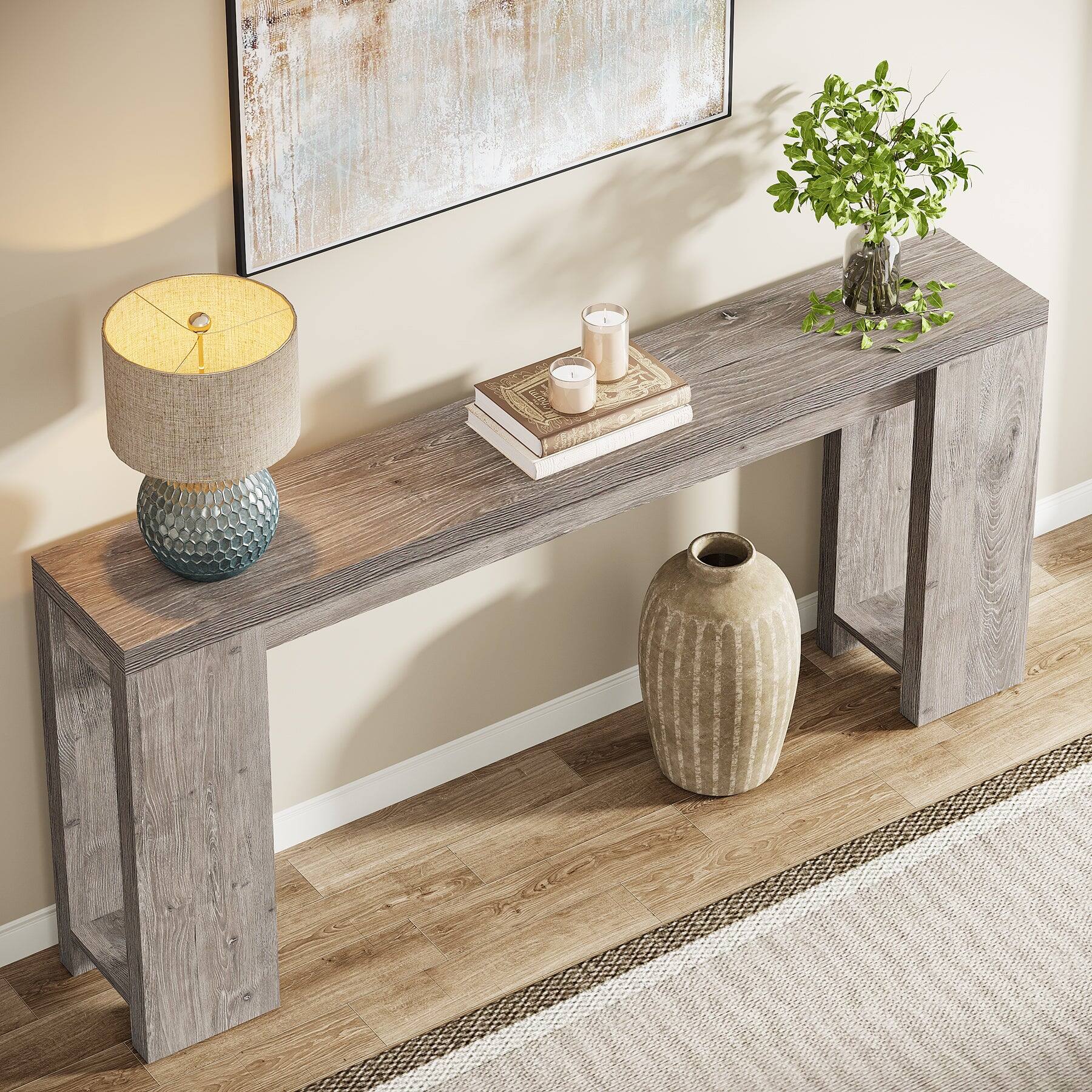 Back. Tribesigns - Farmhouse Console Table with Engineered Wood Construction and Rectangular Top for Entryway and Hallway - Gray.