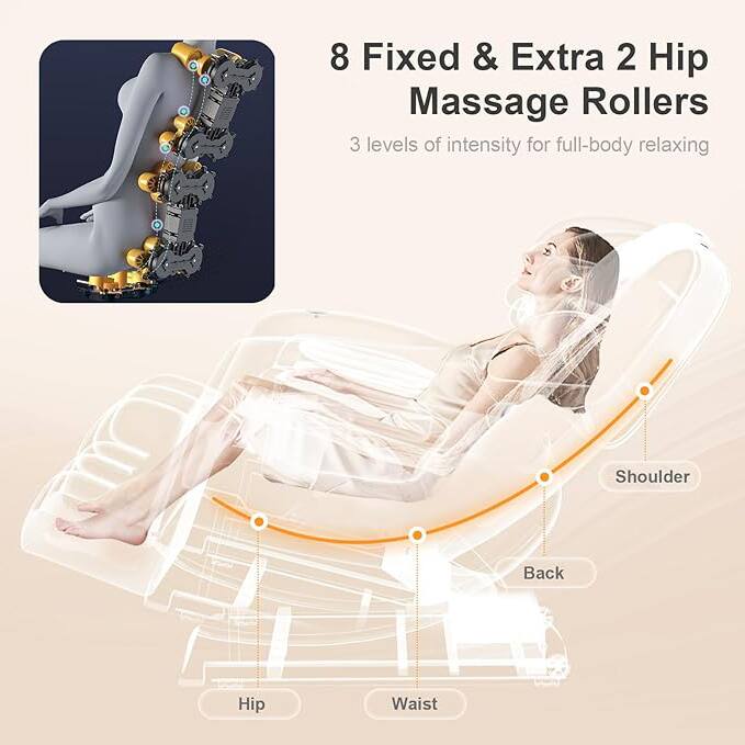8 Fixed & Extra 2 Hip Massage Rollers  
3 levels of intensity for full-body relaxing  

Shoulder  
Back  
Hip  
Waist
