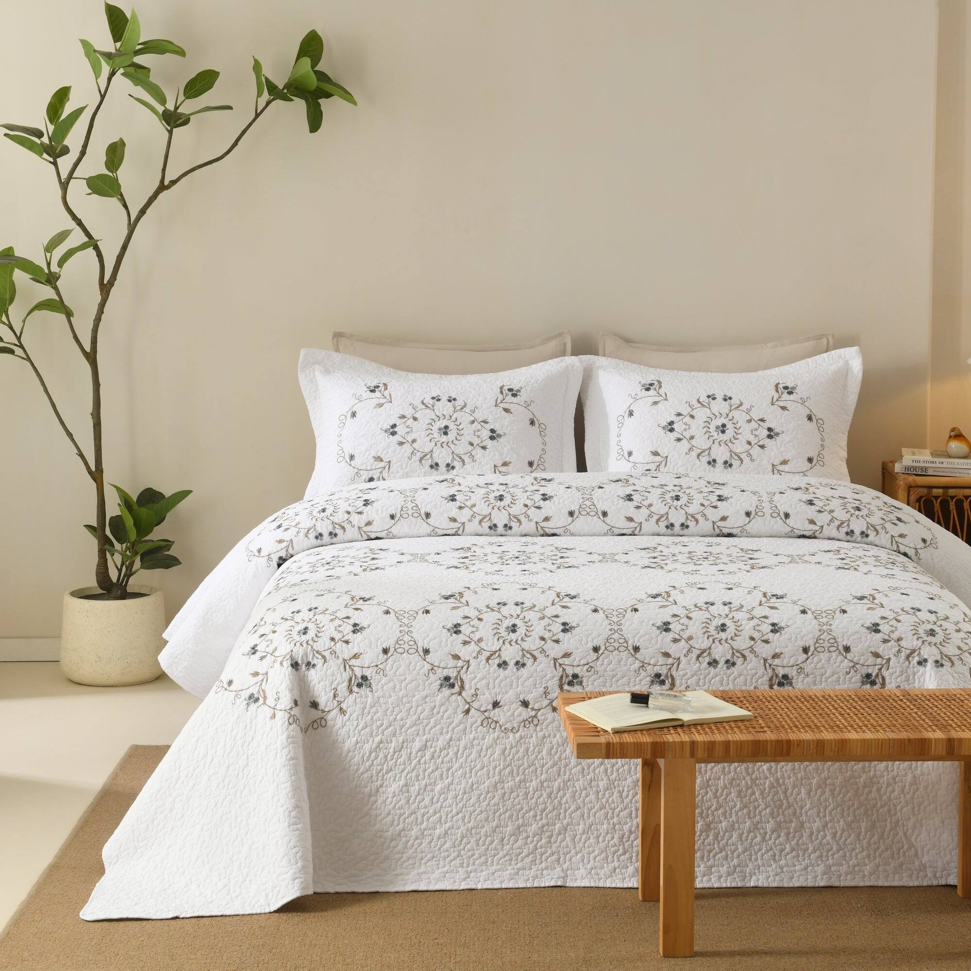 Alt View 2. MarCielo - MarCielo 3 Piece Cotton Cover Floral Embroidered Quilt Set - Vintage Cottage Bedspread Set - White.