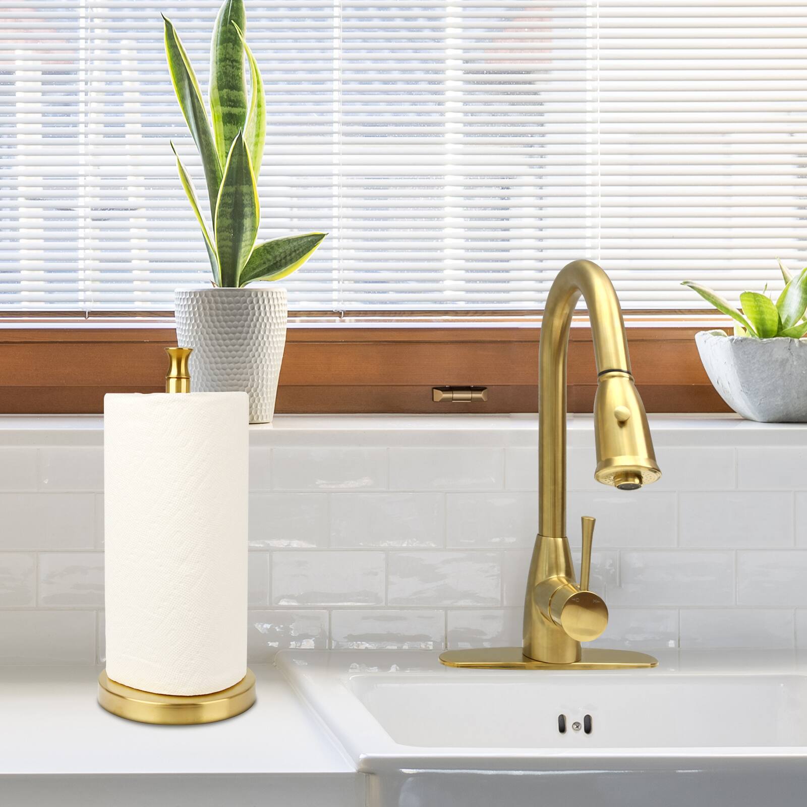 Alt View 5. Akicon - Akicon Paper Towel Holder Stand for Kitchen Countertop and Dining Room Table in Brushed Gold - Brushed Gold.