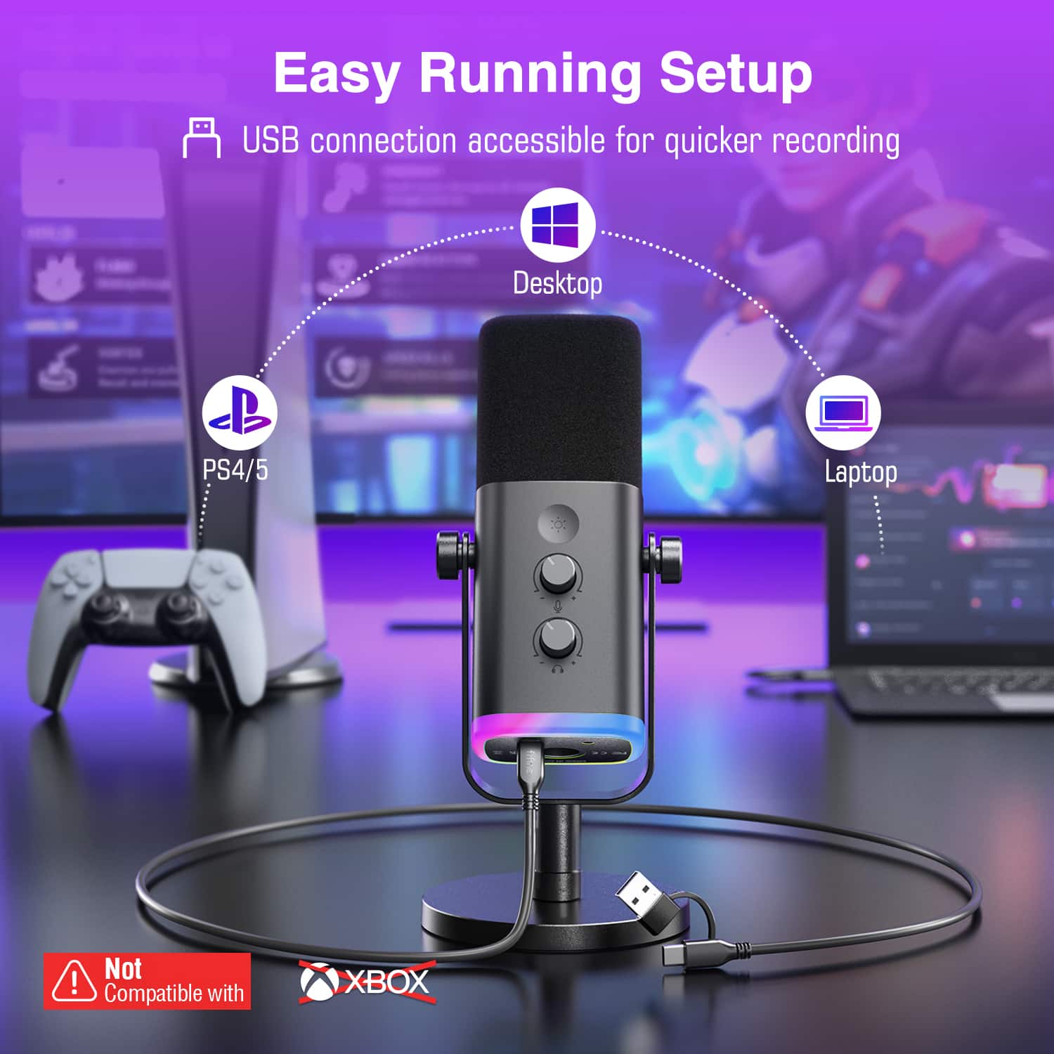 Easy Running Setup: USB connection accessible for quicker recording. Desktop, PS4/5, Laptop. Not compatible with XBOX.