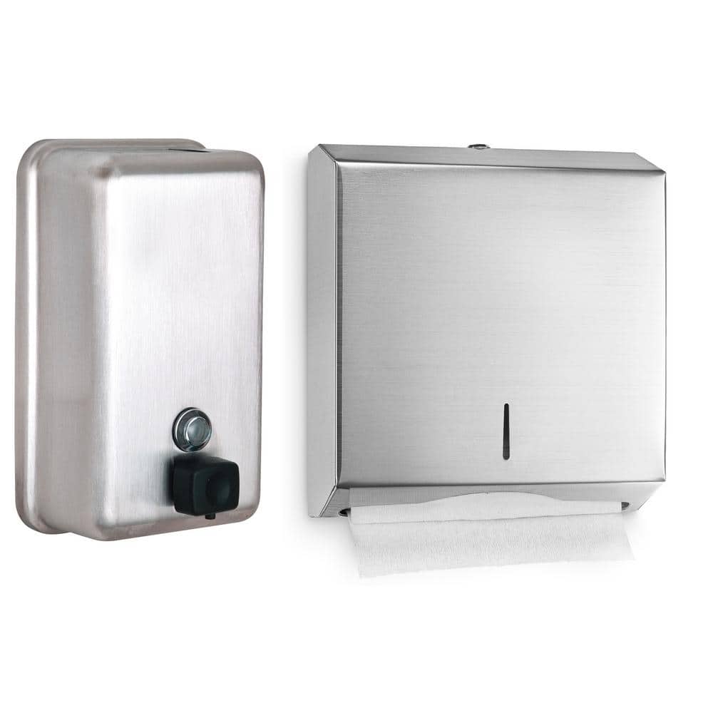 Front. Alpine Industries - Bathroom Dispenser Bundle, Stainless Steel, Multi-Fold/C-Fold, Paper Towel Dispenser and 40oz Soap Dispenser - Stainless Steel.