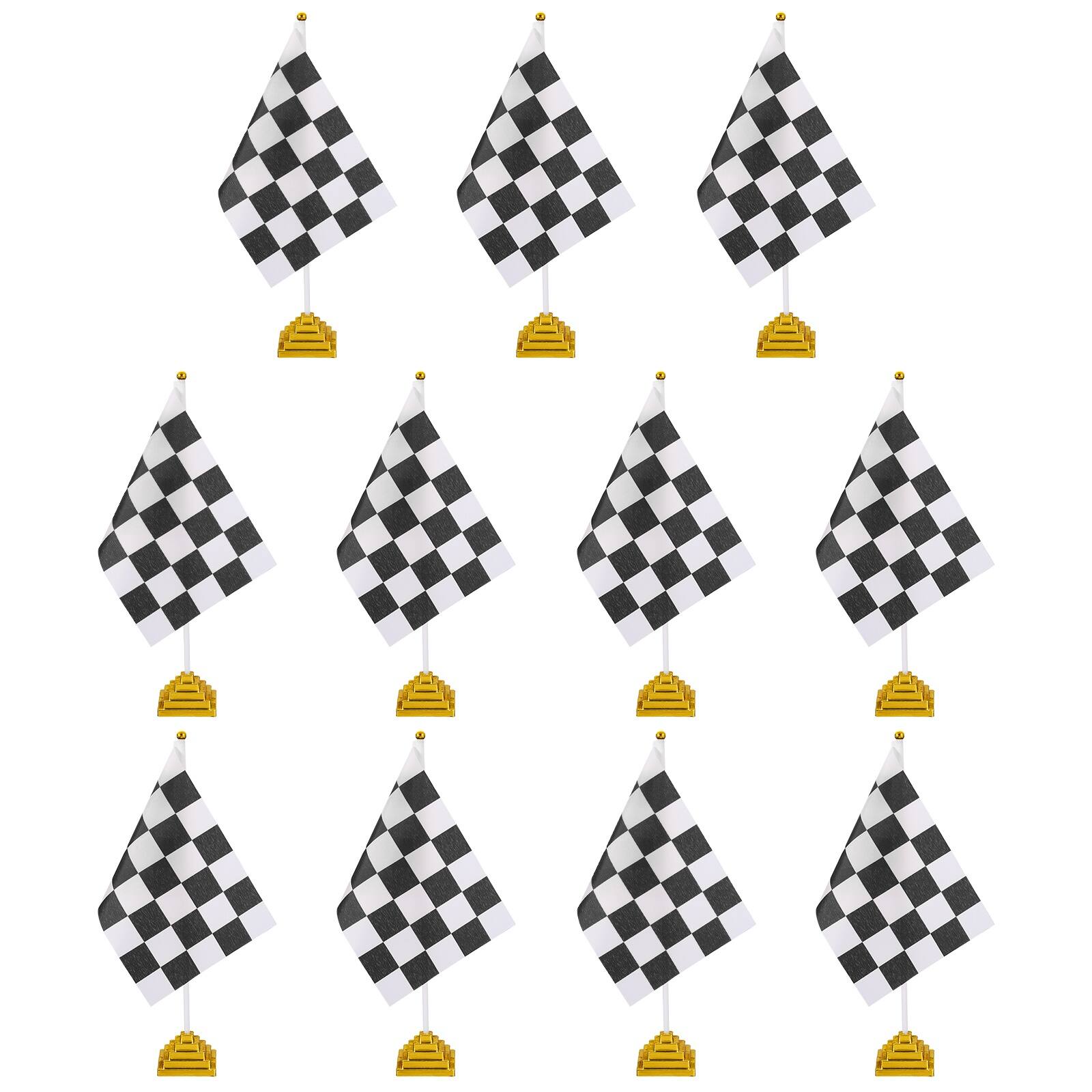 Front. Unique Bargains - 12pcs 12" B/W Checkered Table Flag for Racing/Sport Party, White Plastic Stick & Gold Square Base - Black and White Flag, Gold Base.