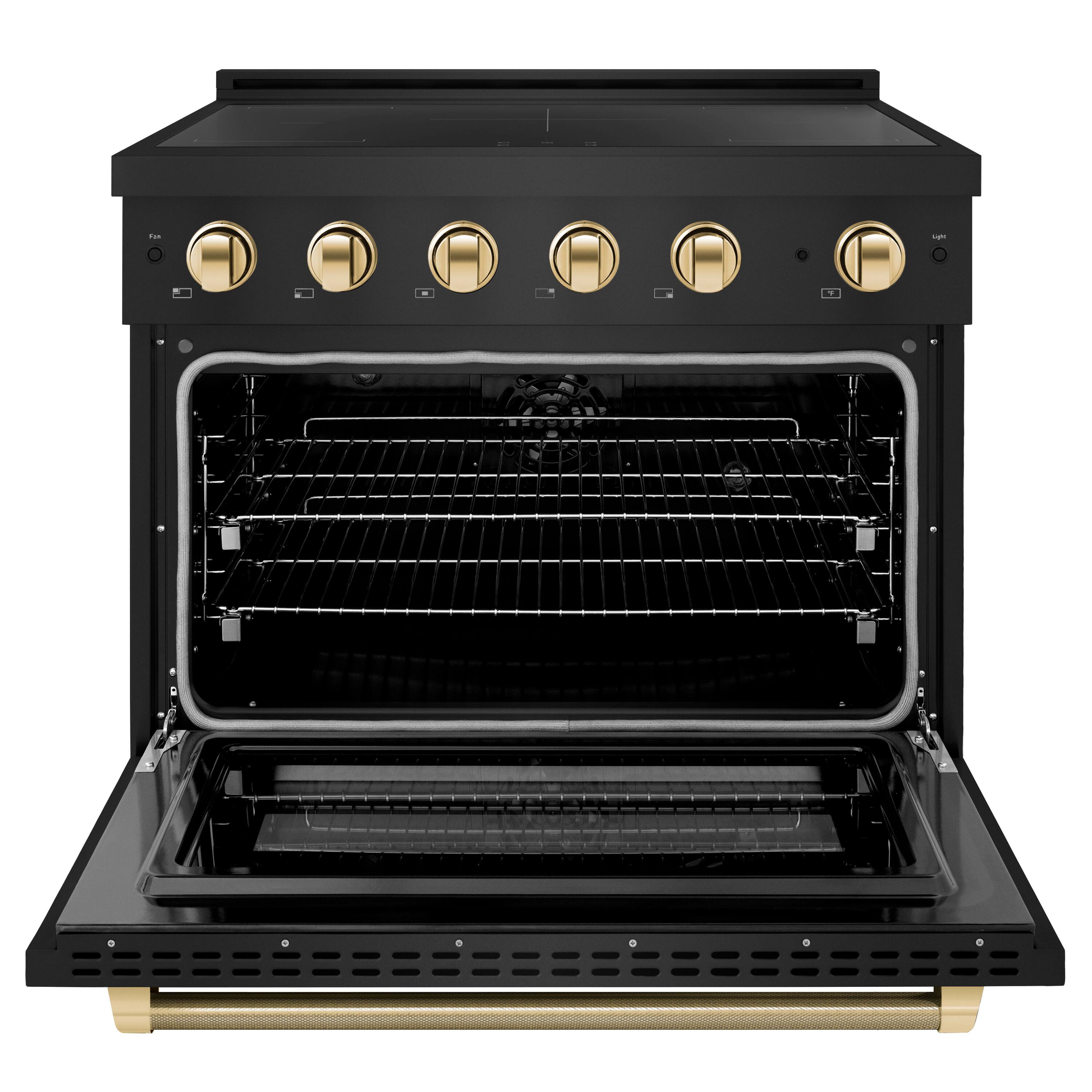 Angle. ZLINE - Autograph 36 in. 5.2 cu. ft. Paramount Freestanding Induction Range w/ 5 Burners in Black Steel & Gold Helix Handle - Stainless Steel.