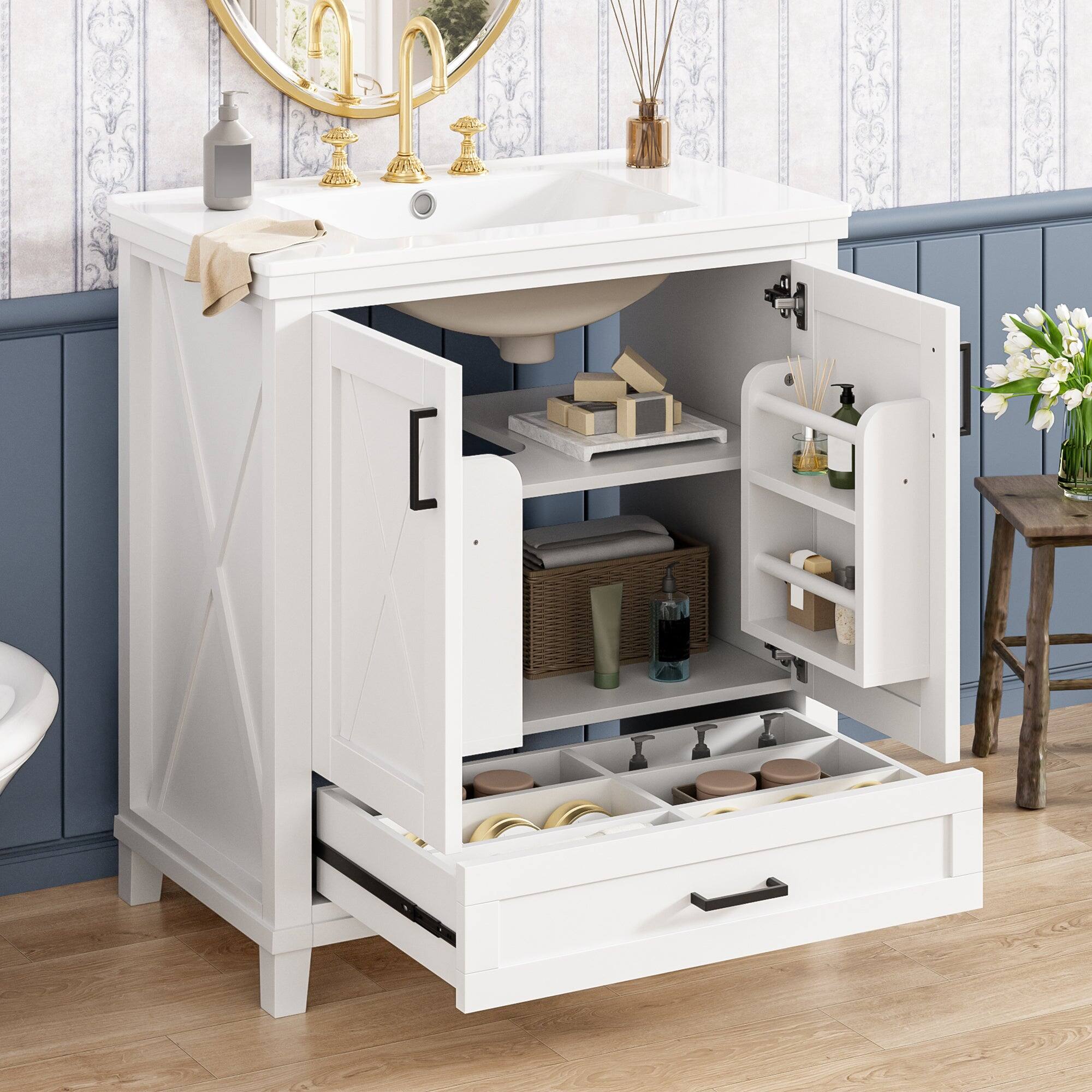 Alt View 5. Boyel Living - 30 Inch Bathroom Vanity with Ceramic Sink Solid Wood Frame MDF 2 Soft Close Doors 1 Drawer Dual Storage Shelves - White.