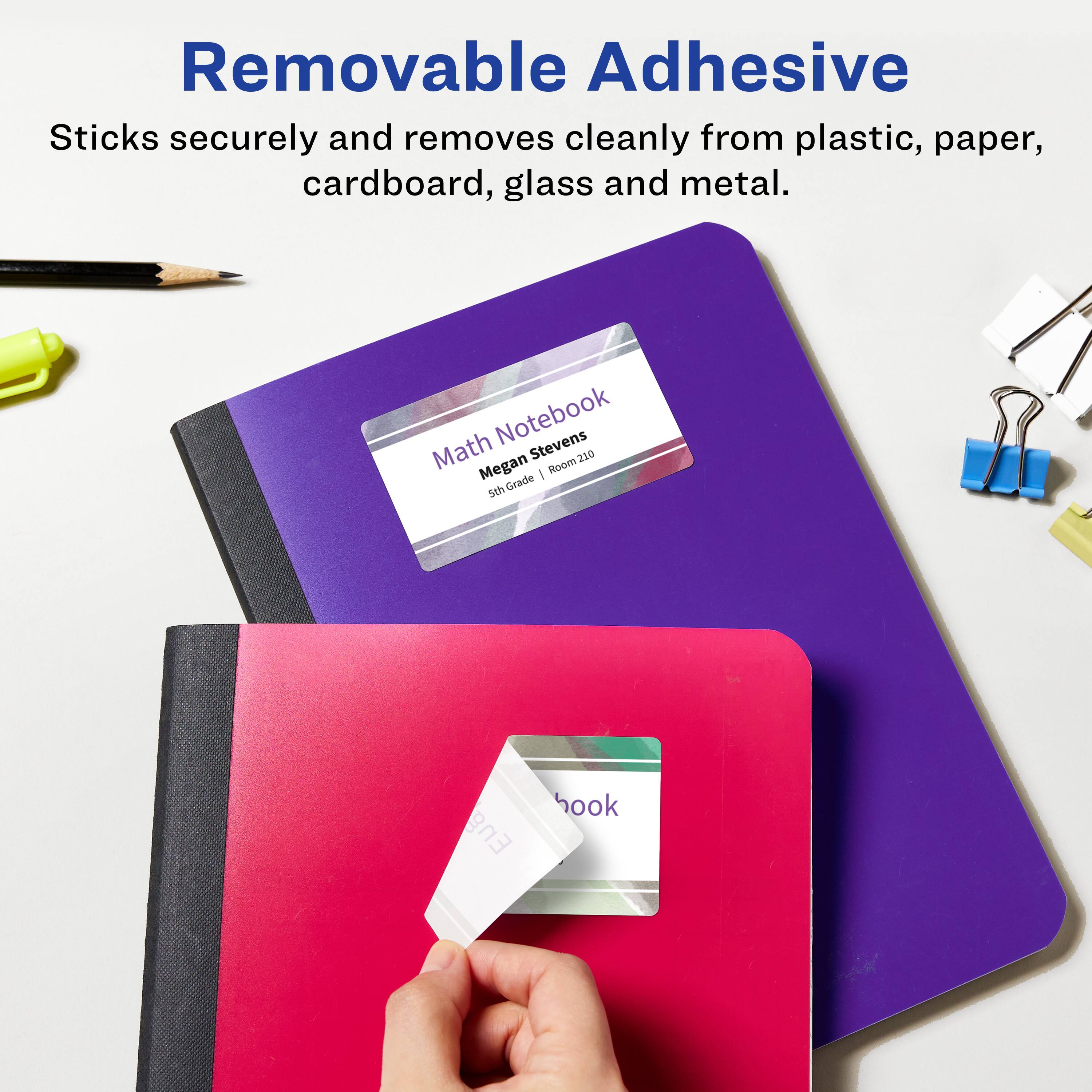 Removable Adhesive  
Sticks securely and removes cleanly from plastic, paper, cardboard, glass and metal.  

Math Notebook  
Megan Stevens  
5th Grade | Room 210