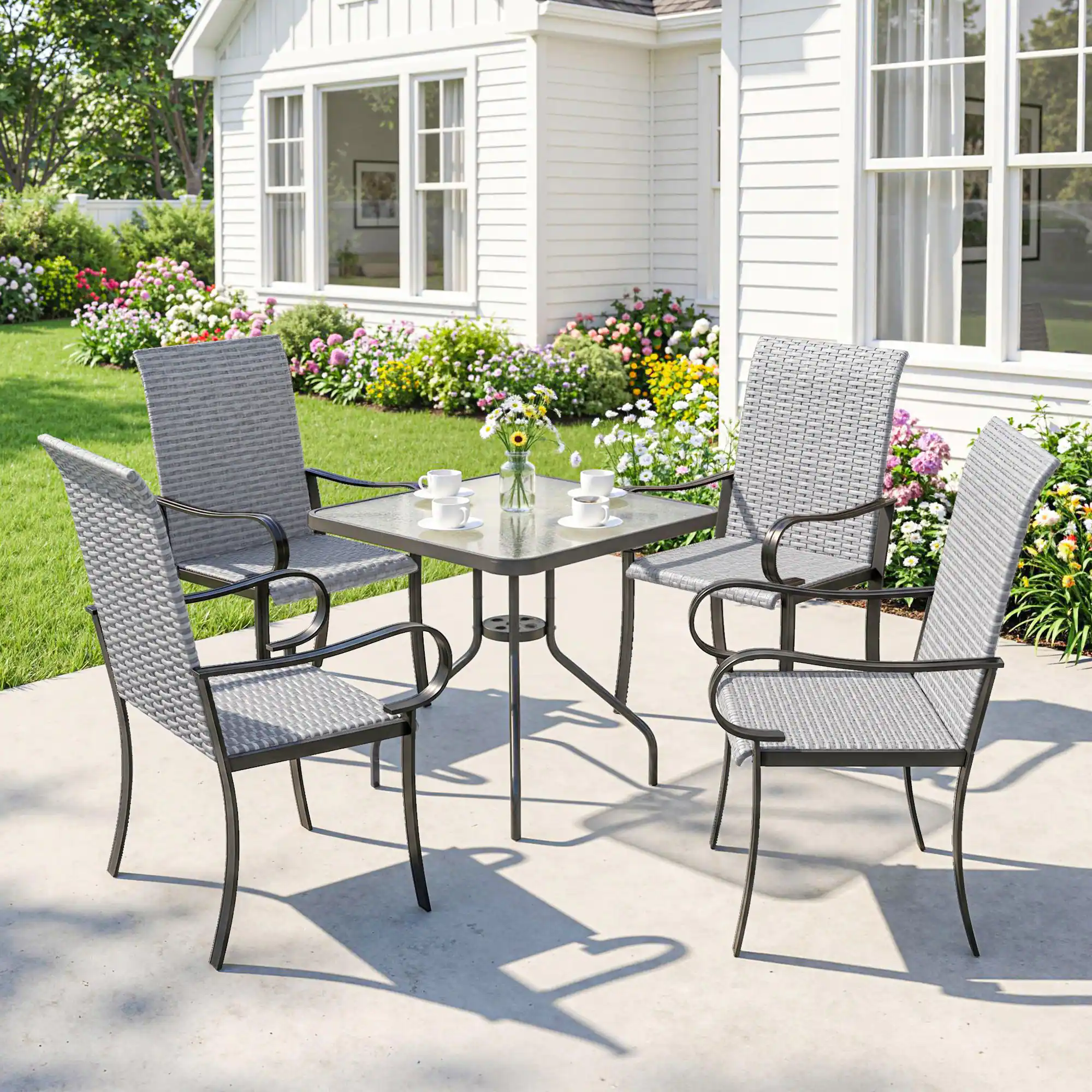 Alt View 1. Outsunny - Set of 4 Outdoor Wicker Dining Chairs with Armrest, Steel Frame - Gray.