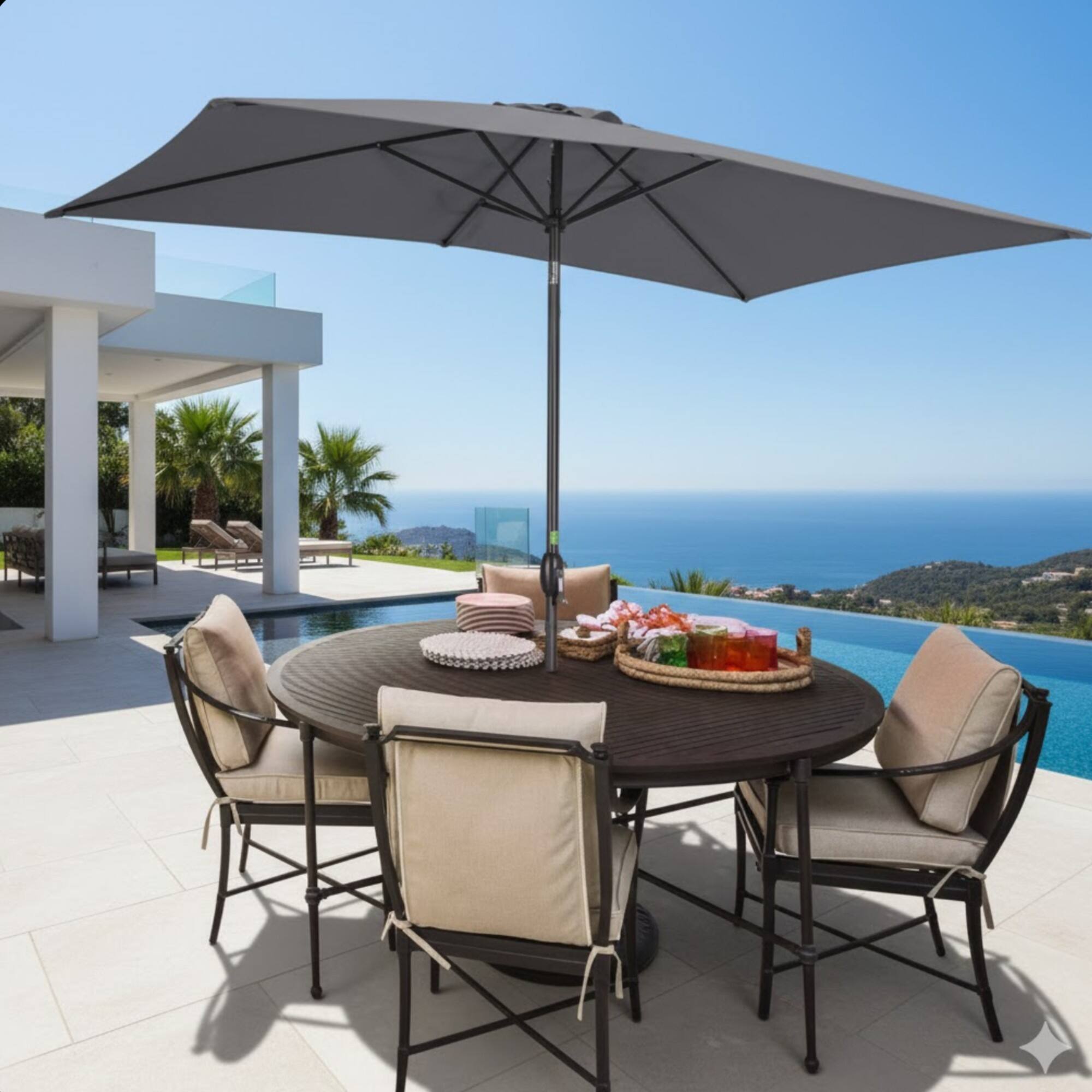 Left. Mondawe - 6.5 x 10 ft Rectangular Patio Umbrella with Crank, Tilt, Polyester UV-Resistant Canopy - Grey.
