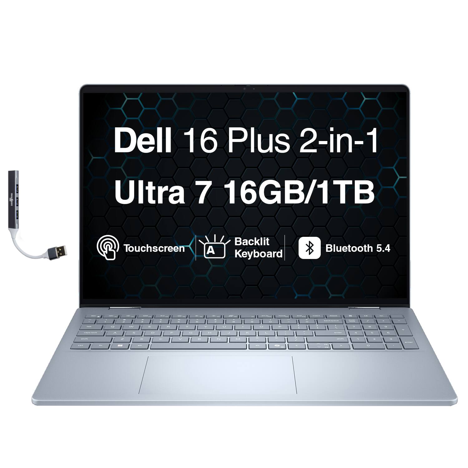 Dell - Upgraded - 16 Plus 2-in-1 Laptop 16.0 WUXGA (Intel Ultra 7-256V, 16GB LPDDR5X, 1TB SSD, Win 11 Home) w/USB Hub - Ice Blue