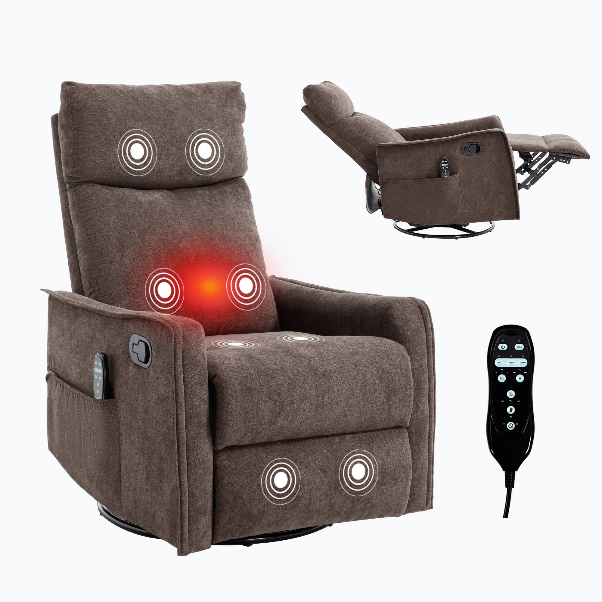 Front. Akoasm - Heat Massage Chair Manual Recliner Chair with Rocker and Swivel in Fabric for Living Room-Brown - Brown.