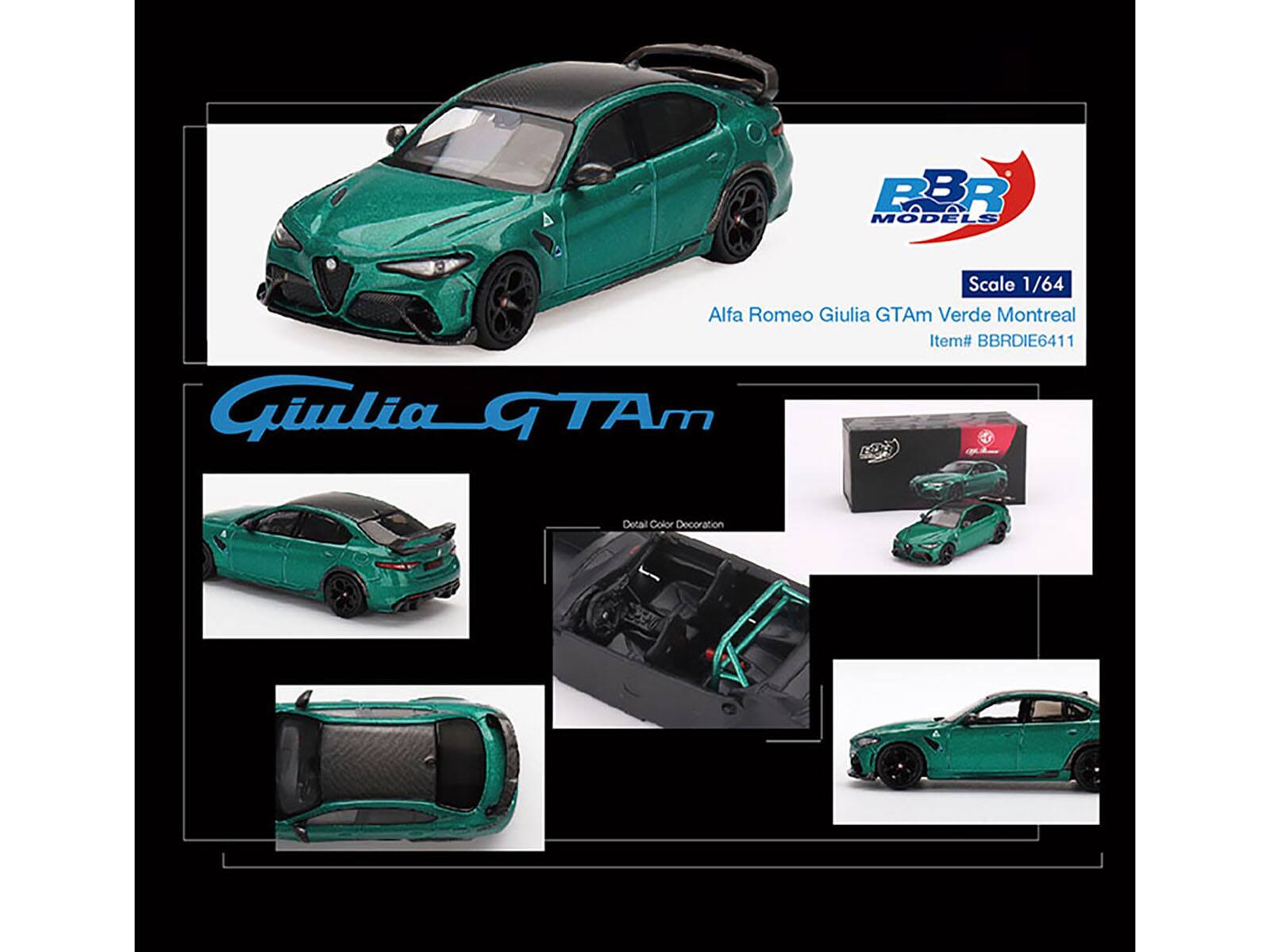 PBR Models  
Scale 1/64  
Alfa Romeo Giulia GTAm Verde Montreal  
Item# BBRDIE6411  

Giulia GTAm  

Detail Color Decoration