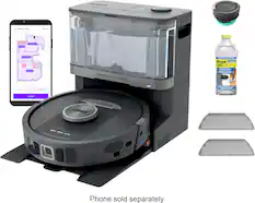 The image features a Shark VAC MOP, a 2-in-1 device that combines a vacuum and mop. The device is placed on a cleaning pad, and the box is open, revealing the contents. The image also includes a phone, which is sold separately. The text on the image reads "Phone sold separately."