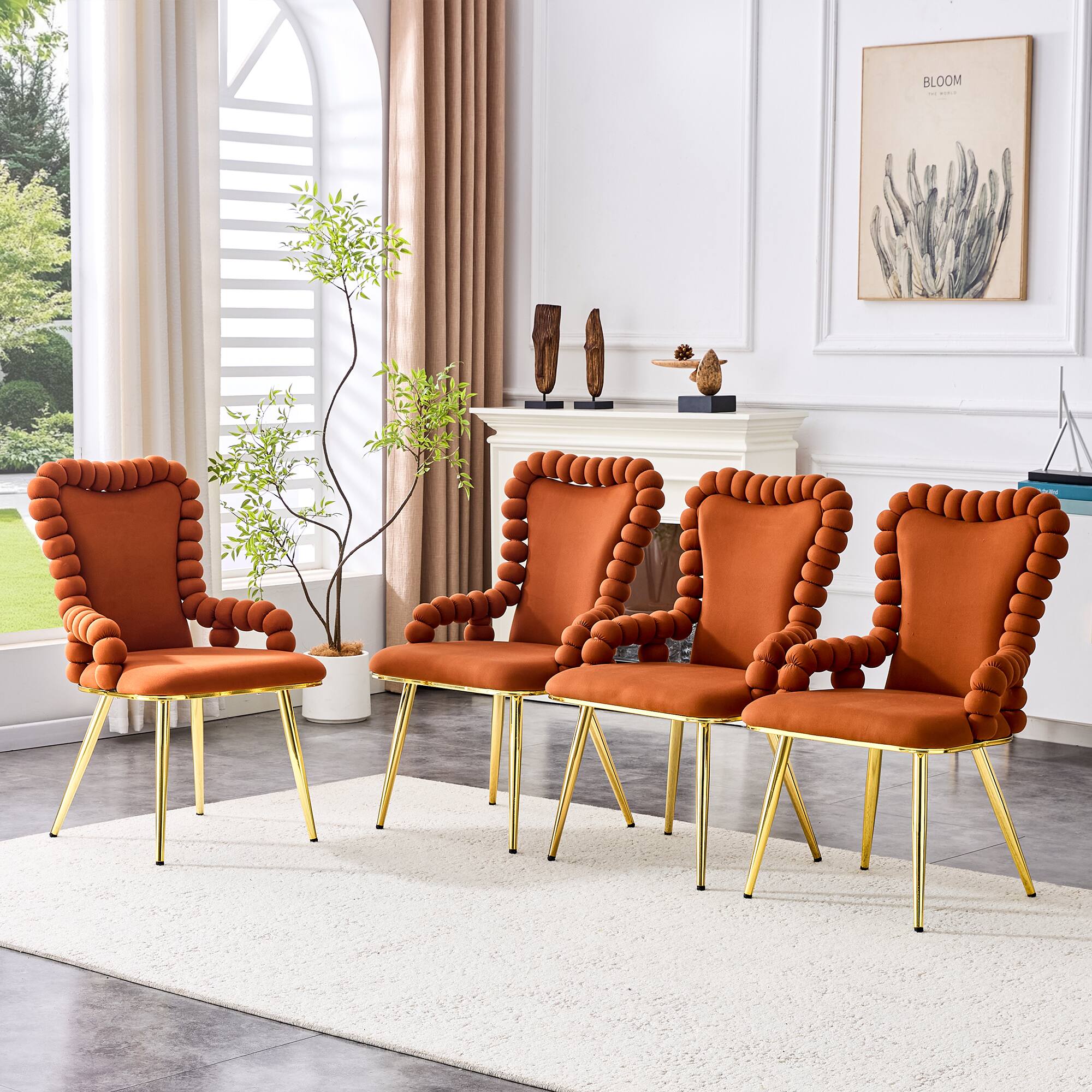 Back. Loheer - Loheer Dining Chairs Set of 2 Brown Velvet Bubble Arm Chairs for Dining Room Kitchen, Gold Legs, 1.83 ft - Brown,Gold.