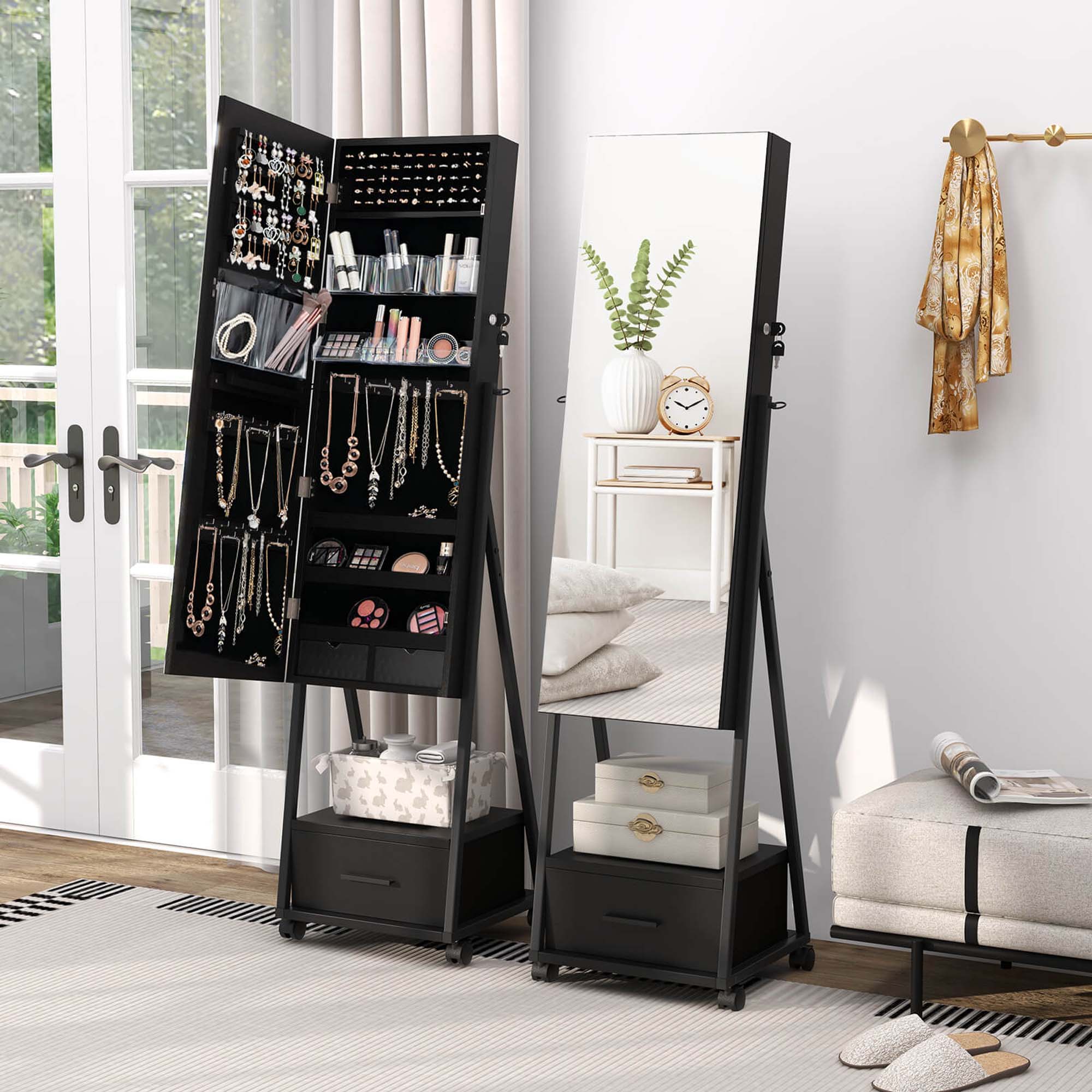 Angle. Costway - Jewelry Cabinet Armoire Full Length Mirror Lockable with Bottom Drawer & Wheels Black - Black.
