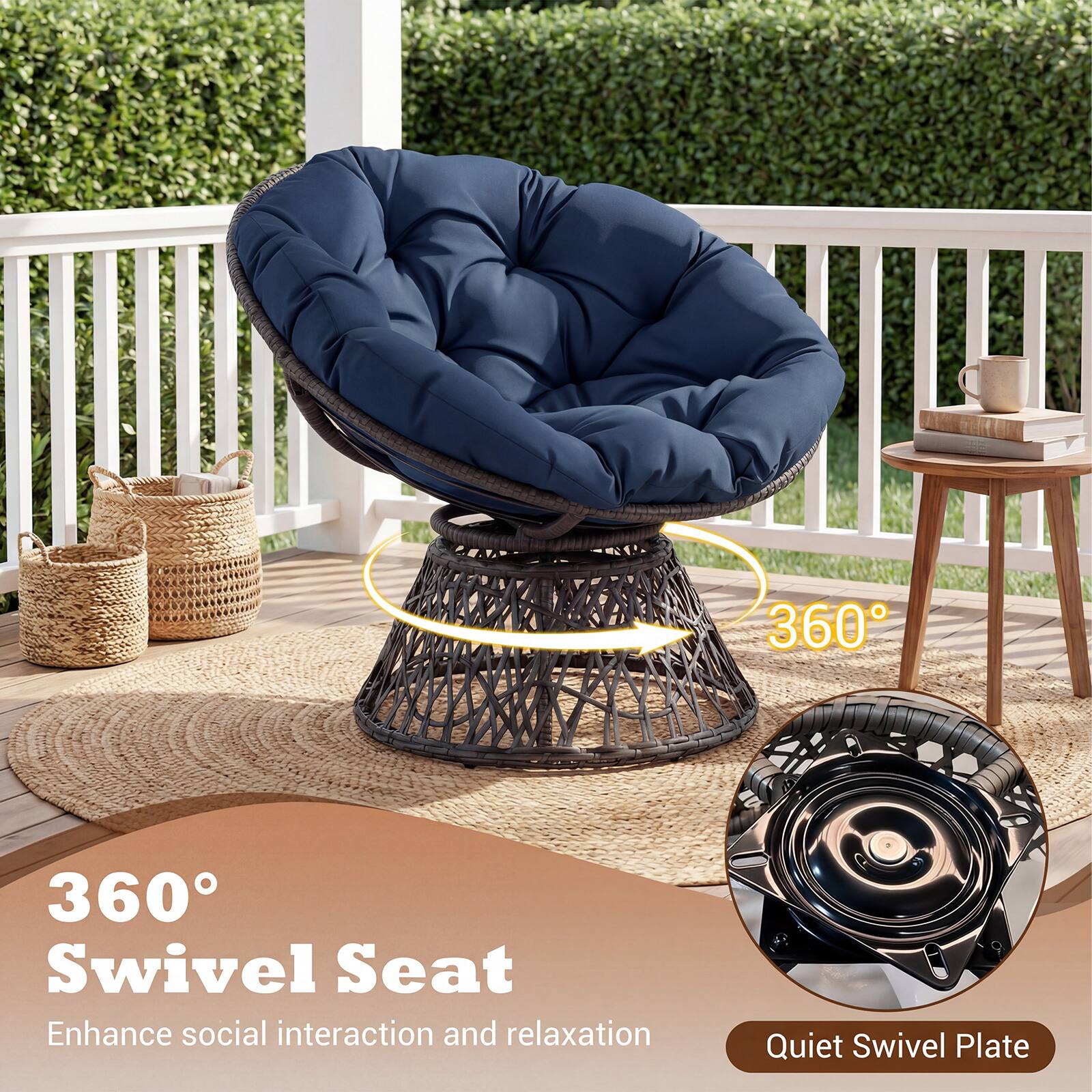 360° Swivel Seat  
Enhance social interaction and relaxation  
Quiet Swivel Plate