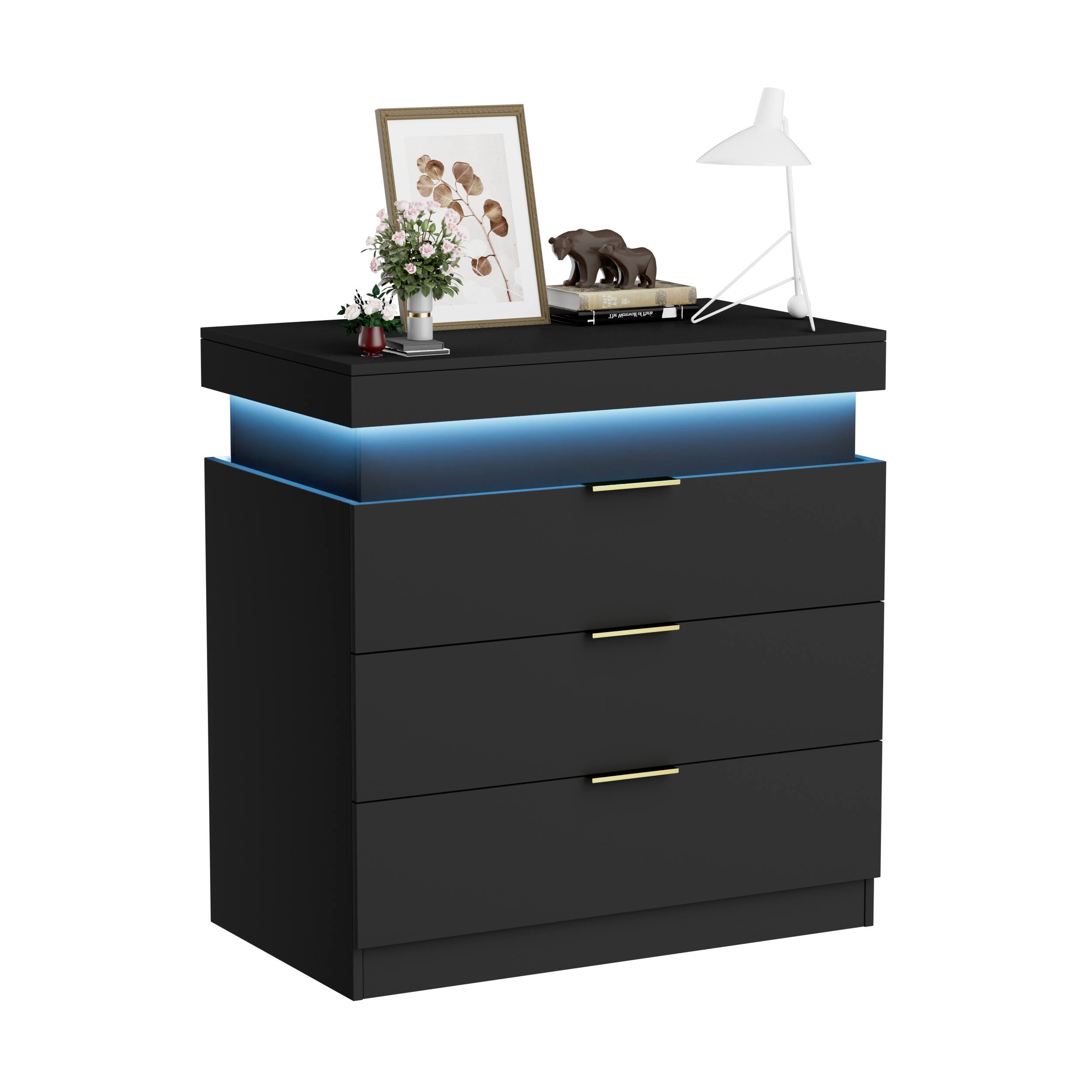 Alt View 6. Tiramisubest - Modern Nightstand with 3 Drawers,Charging Station and LED Lights,Night Stand with Sliding Top for Bedroom,Black - Black.
