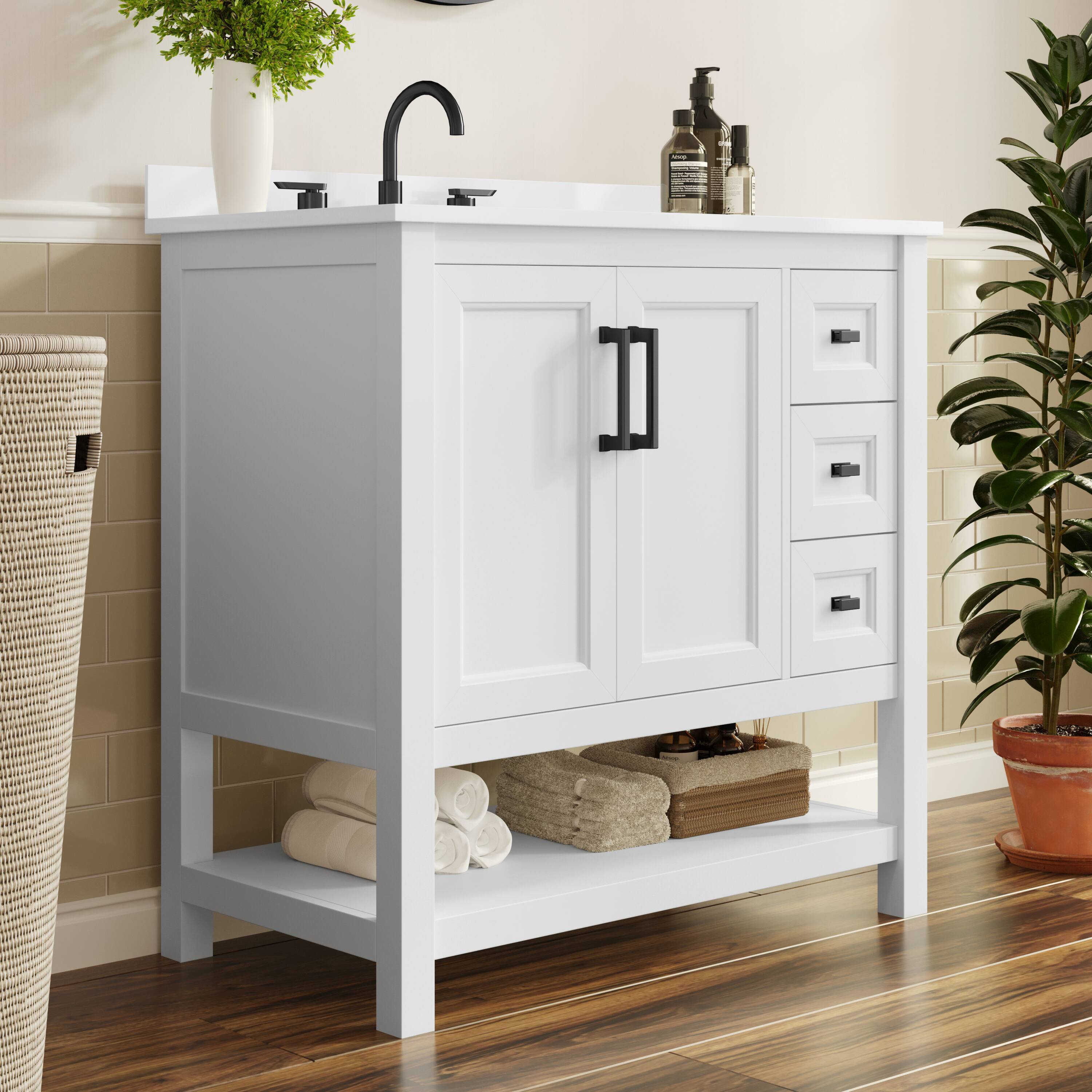 Alt View 2. Flash Furniture - Vega 36" Bathroom Vanity with Sink, Cabinet with Black Hardware, Soft Close Doors, Open Shelf & 3 Drawers, Carrara Marbl - White.