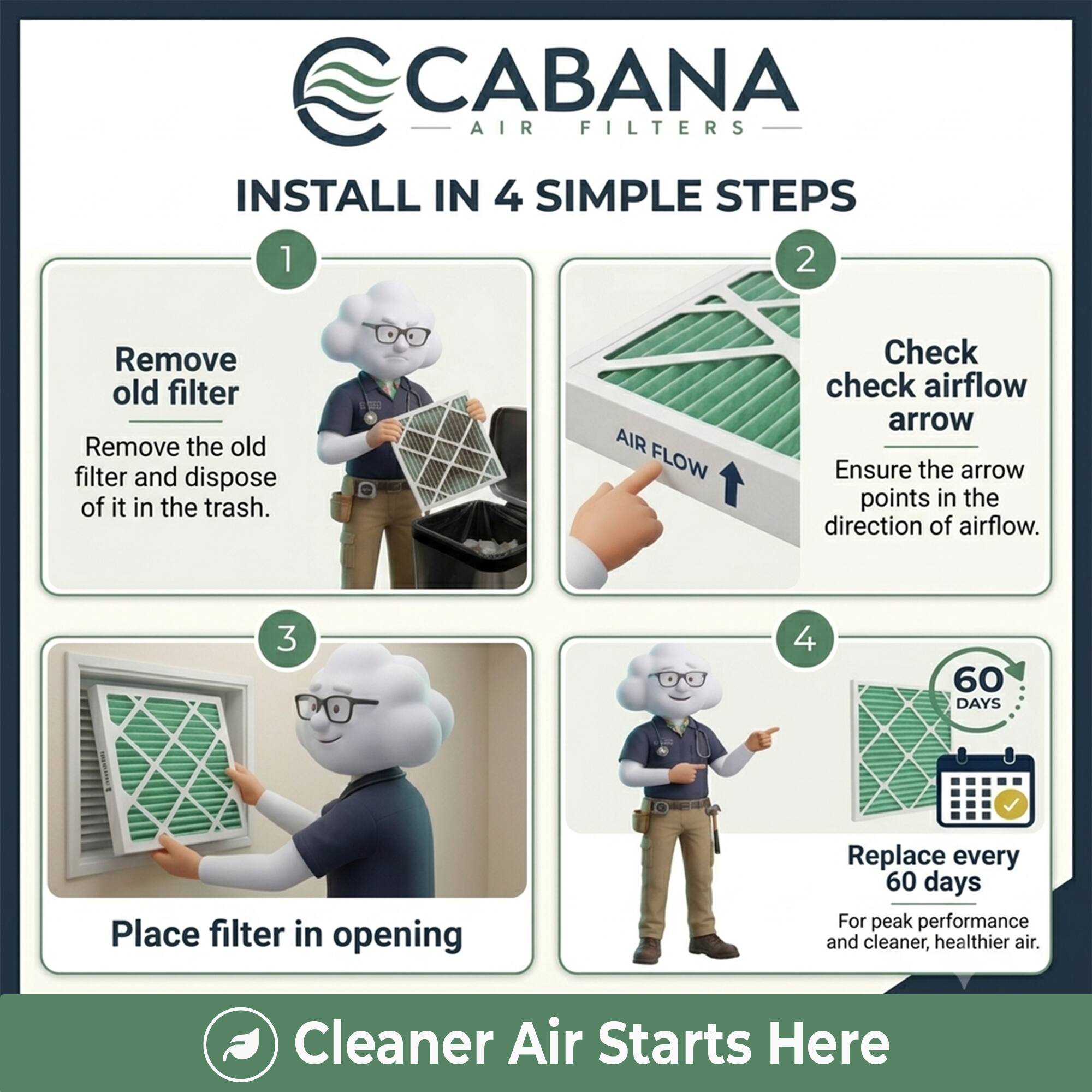 CABANA AIR FILTERS INSTALL IN 4 SIMPLE STEPS

1. Remove old filter
   - Remove the old filter and dispose of it in the trash.

2. Check airflow arrow
   - Ensure the arrow points in the direction of airflow.

3. Place filter in opening

4. Replace every 60 days
   - For peak performance and cleaner, healthier air.

Cleaner Air Starts Here