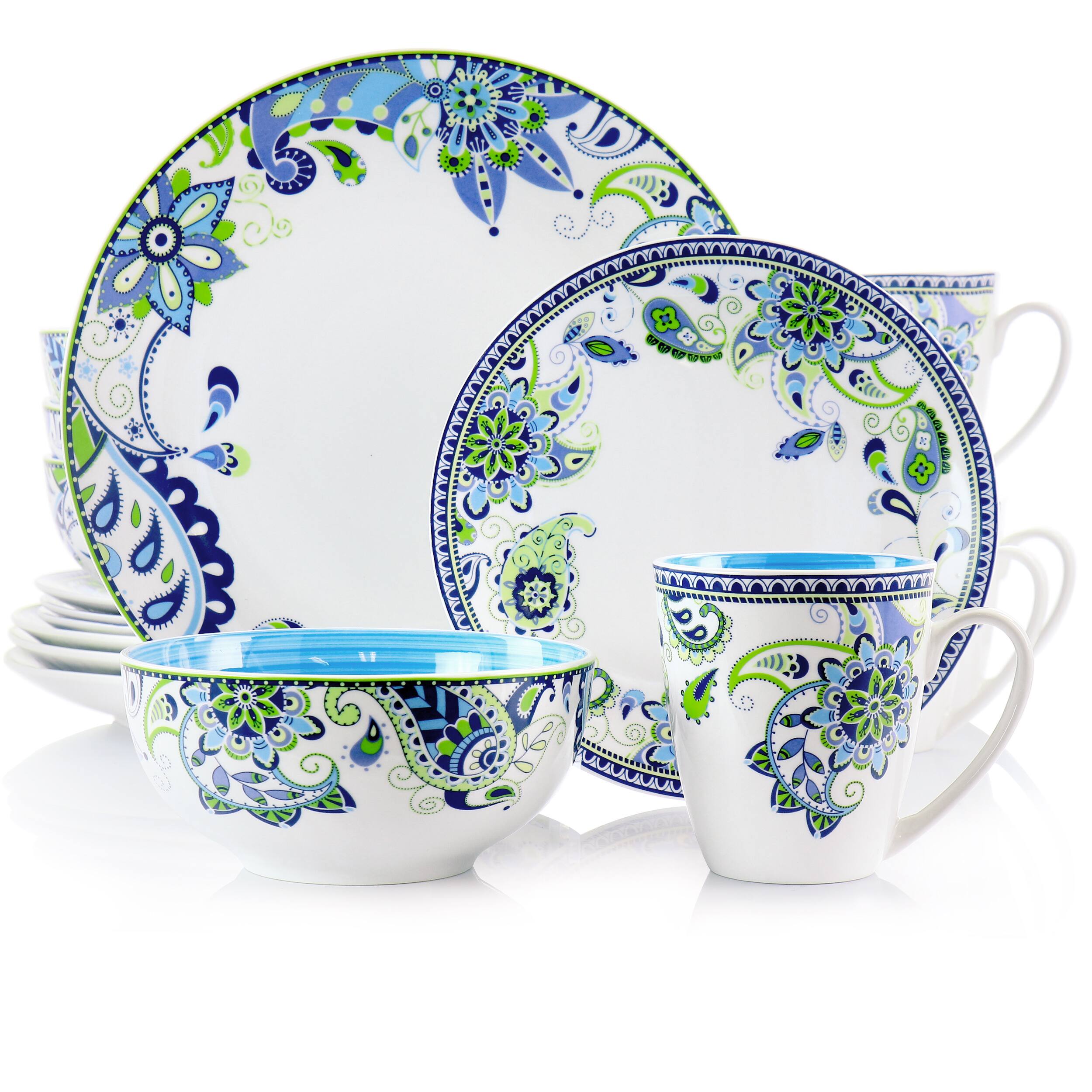 Alt View 9. Elama - Elama Blue Fiesta 16 Piece Round Porcelain Dinnerware Set - White, Blue, and Green.