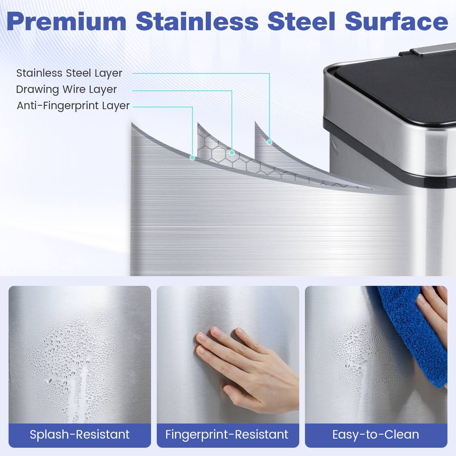 Premium Stainless Steel Surface

- Stainless Steel Layer
- Drawing Wire Layer
- Anti-Fingerprint Layer

Splash-Resistant  
Fingerprint-Resistant  
Easy-to-Clean