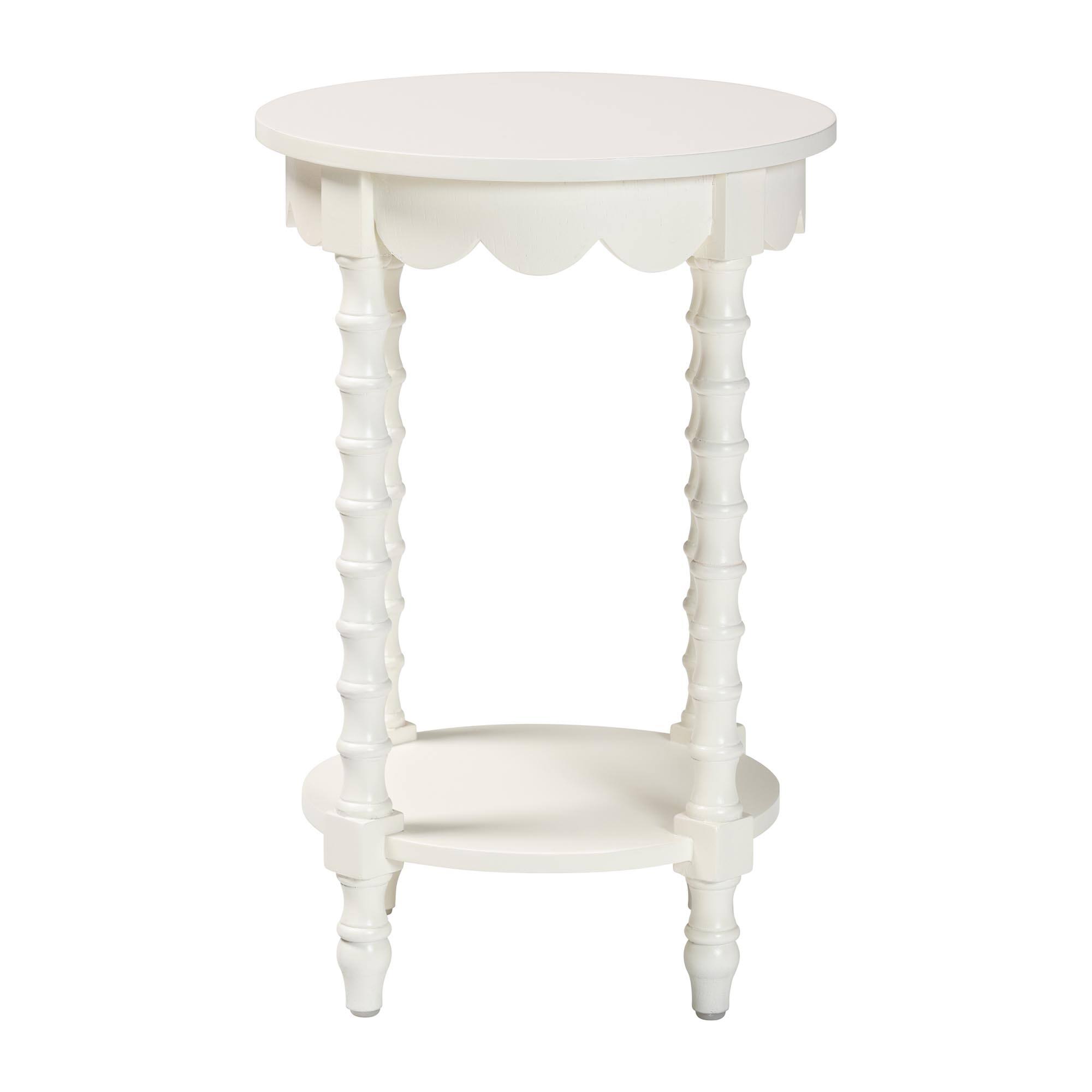 Angle. bali & pari - Baxton Studio Sally Round Nightstand with Bamboo Inspired Legs - Scalloped Bedroom Side Table with Open Shelf, White - White.