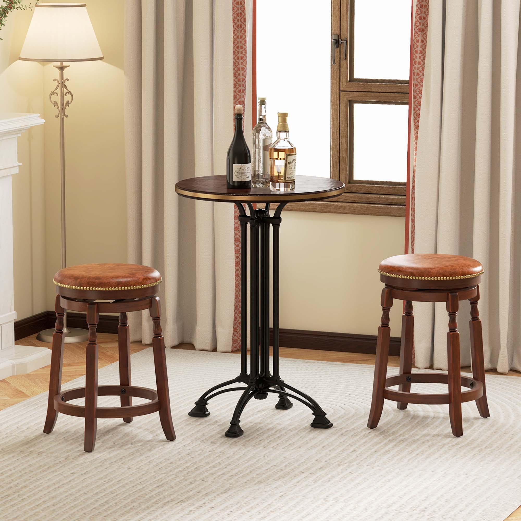 Alt View 1. Costway - 24" Swivel Bar Stool Set of 2 with Upholstered Seat & Rubber Wood Frame Round - Brown.
