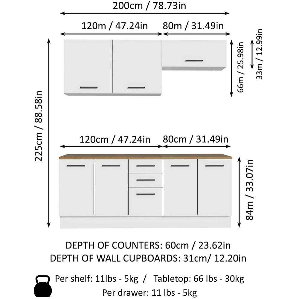 - 225cm / 88.58in
- 200cm / 78.73in
- 120cm / 47.24in
- 80cm / 31.49in
- 66cm / 25.98in
- 33cm / 12.99in
- 84cm / 33.07in

DEPTH OF COUNTERS: 60cm / 23.62in
DEPTH OF WALL CUPBOARDS: 31cm / 12.20in

Per shelf: 11lbs - 5kg
Tabletop: 66 lbs - 30kg
Per drawer: 11 lbs - 5kg