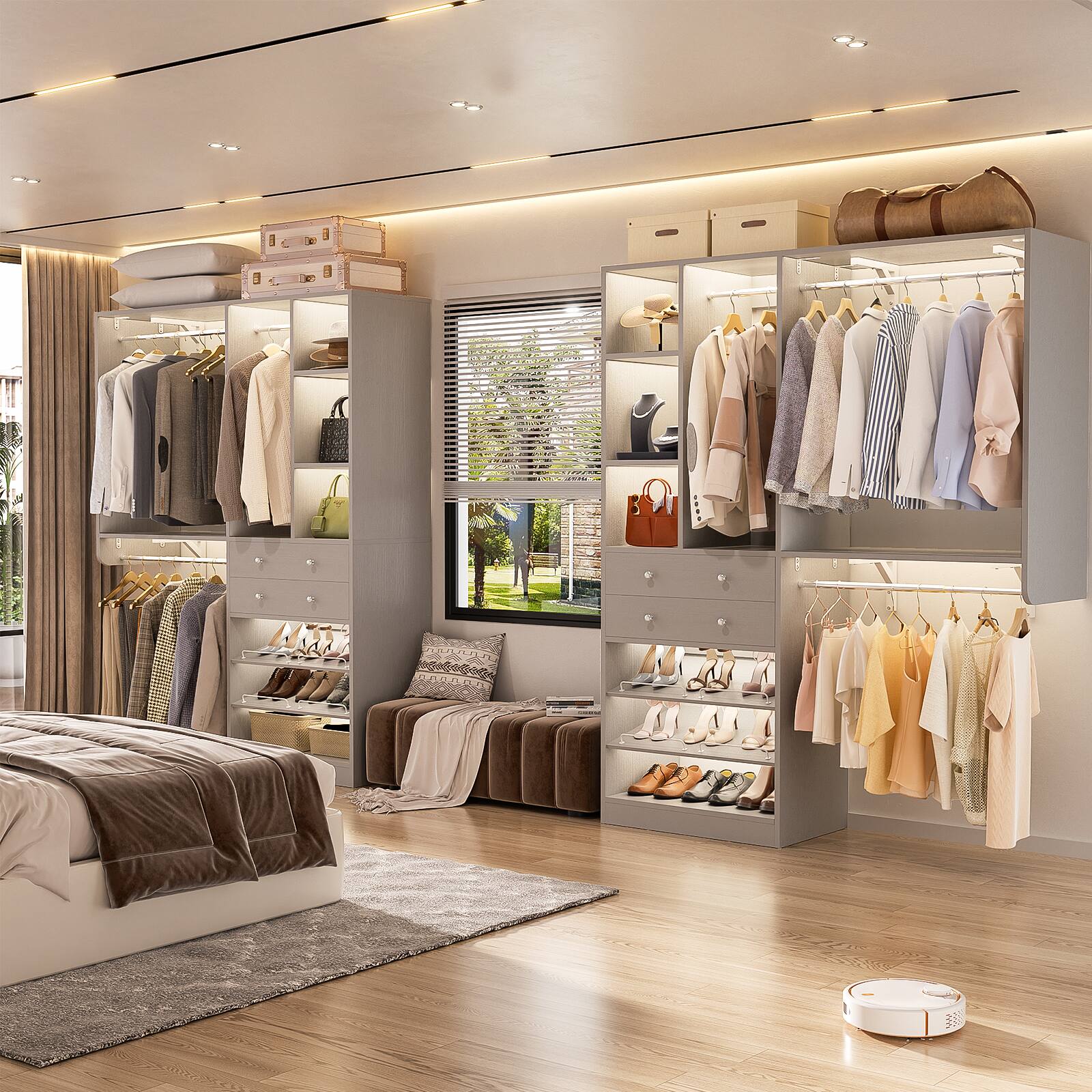 Left. Aheaplus - Heavy Duty Closet Organizer with Drawers and Hanging Rods, Wardrobe System with Adjustable Shoe Racks, Wall Mounted - Gray.