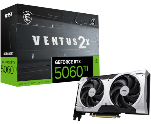 The text on the image reads: "MSI LIVE - 8GB GDDR7 VENTUS 2X X GEFORCE RTX 5060 Ti DLSS 4 GEFORCE RTX 5060T REFLEX | STUDIO | RAY TRACING |".