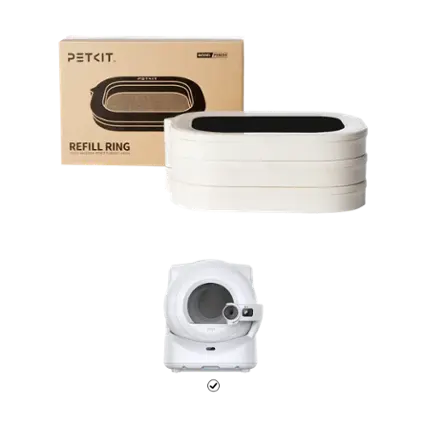 The image features a white Petkit Refill Ring, which is a refillable container for pet food or water. The container is placed next to a box, which is likely the packaging for the Refill Ring. The box also contains a refill ring, which is a small, circular object that can be used to refill the container. The refill ring is placed inside the box, and the box is positioned next to the Refill Ring.