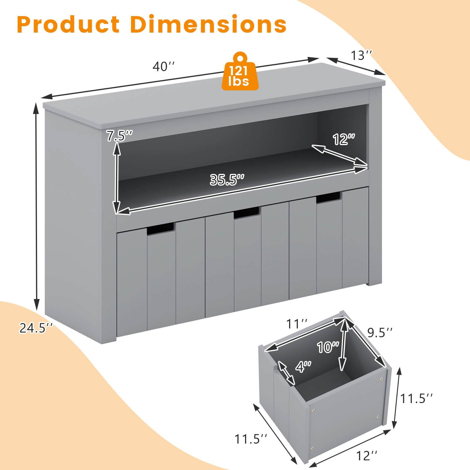 Product Dimensions  
40" x 13" x 24.5"  
Weight: 121 lbs  
Shelf Dimensions: 35.5" x 12" x 7.5"  
Drawer Dimensions: 11.5" x 11.5" x 9.5"  
Small Drawer Dimensions: 12" x 11" x 4"