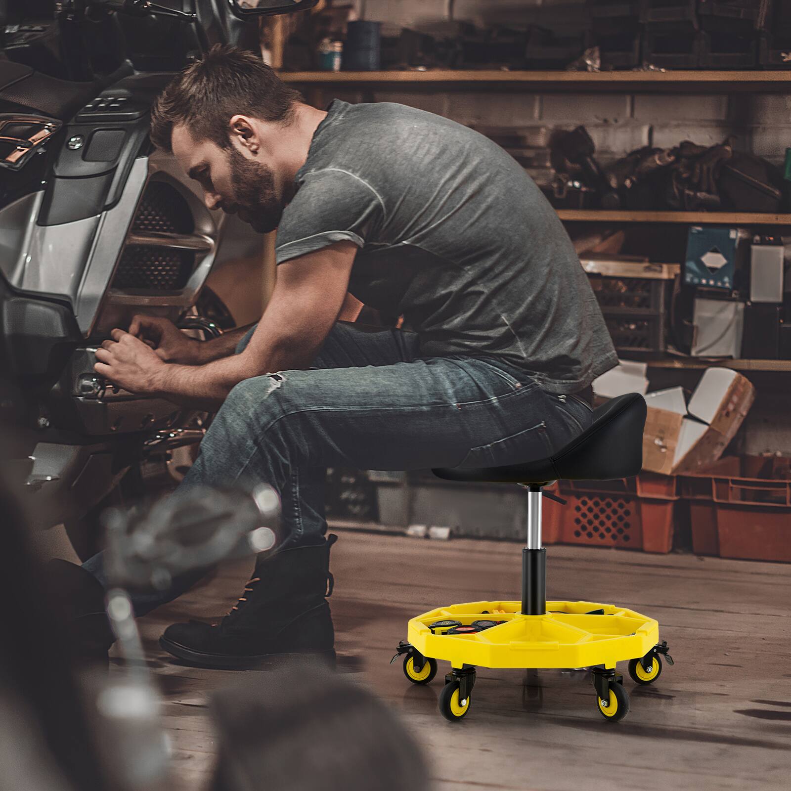 Alt View 1. Gymax - Gymax Rolling Garage Stool 20''-25'' Height Adjustable Rolling Mechanic Stool for Garage - Yellow, Black.