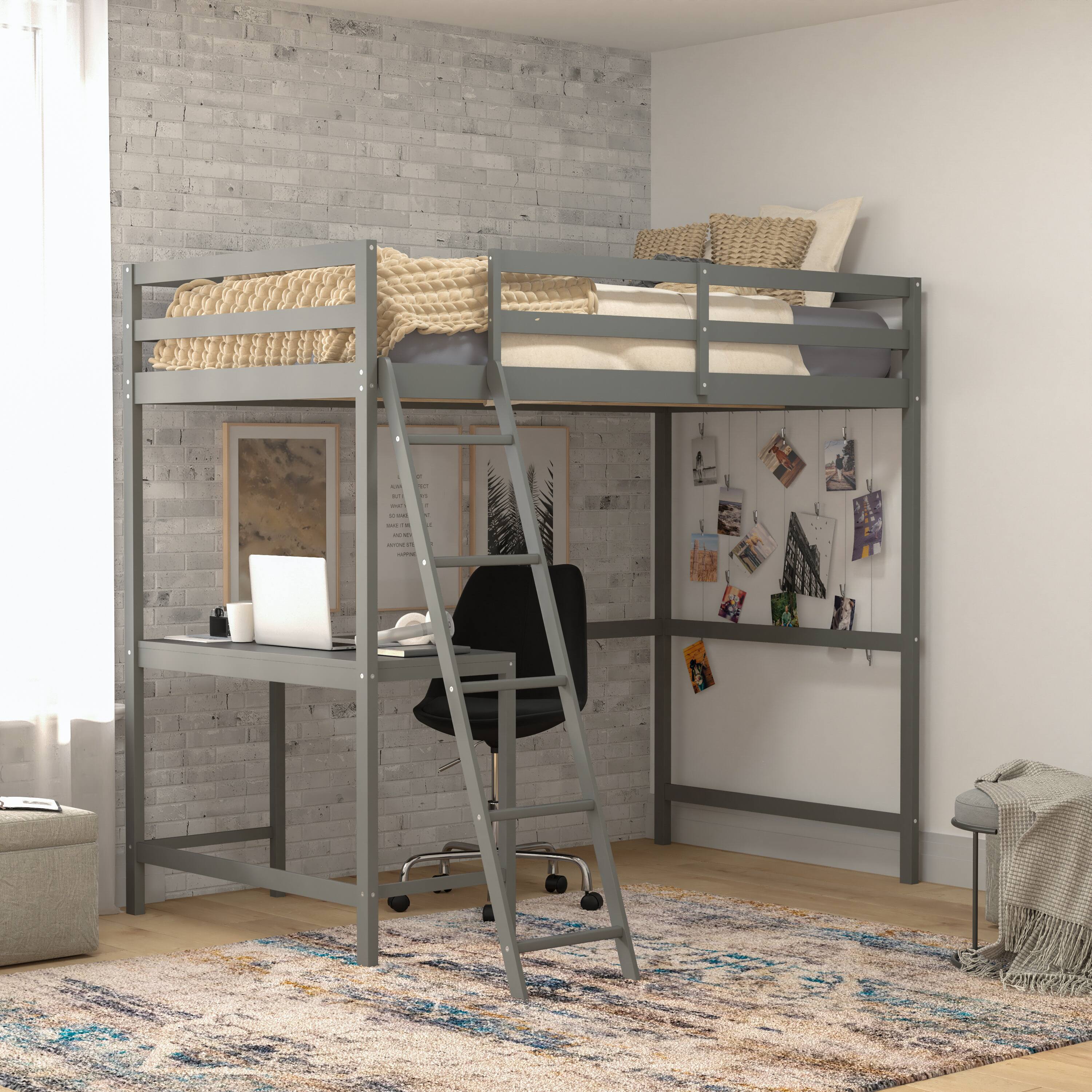 Alt View 1. Flash Furniture - Riley Loft Bed Frame with Desk, Twin Size Wooden Bed Frame with Protective Guard Rails & Ladder for Kids and Teens - Lig - Gray.