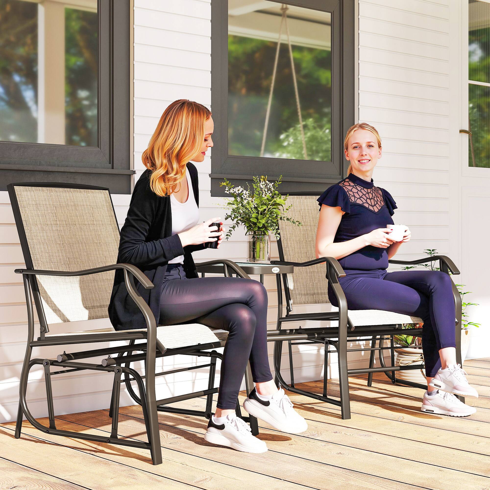 Alt View 1. Outsunny - Glider Chairs with Coffee Table, Patio 2-Seat Rocking Chair Swing Loveseat with Breathable Sling - Light Brown.
