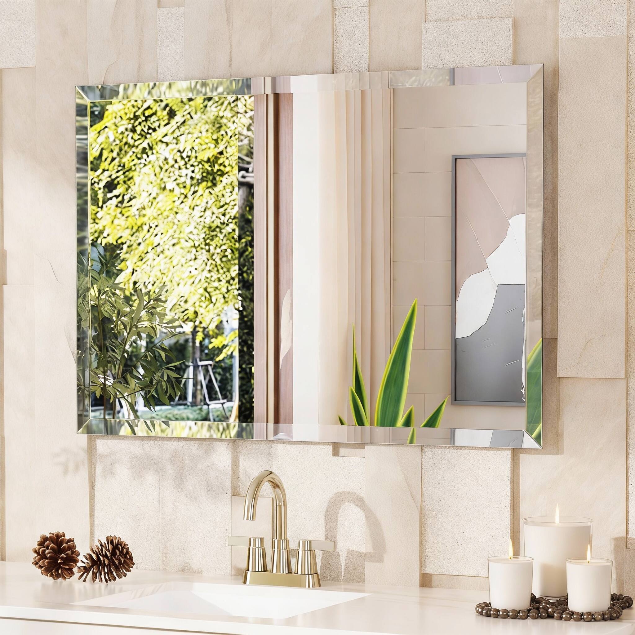 METALTON - Frameless Bathroom Mirror Rectangle Wall With Beveled Edge Modern Decorative Vanity Mirrored For Living Roo - Rectangle 28"L x 40"W