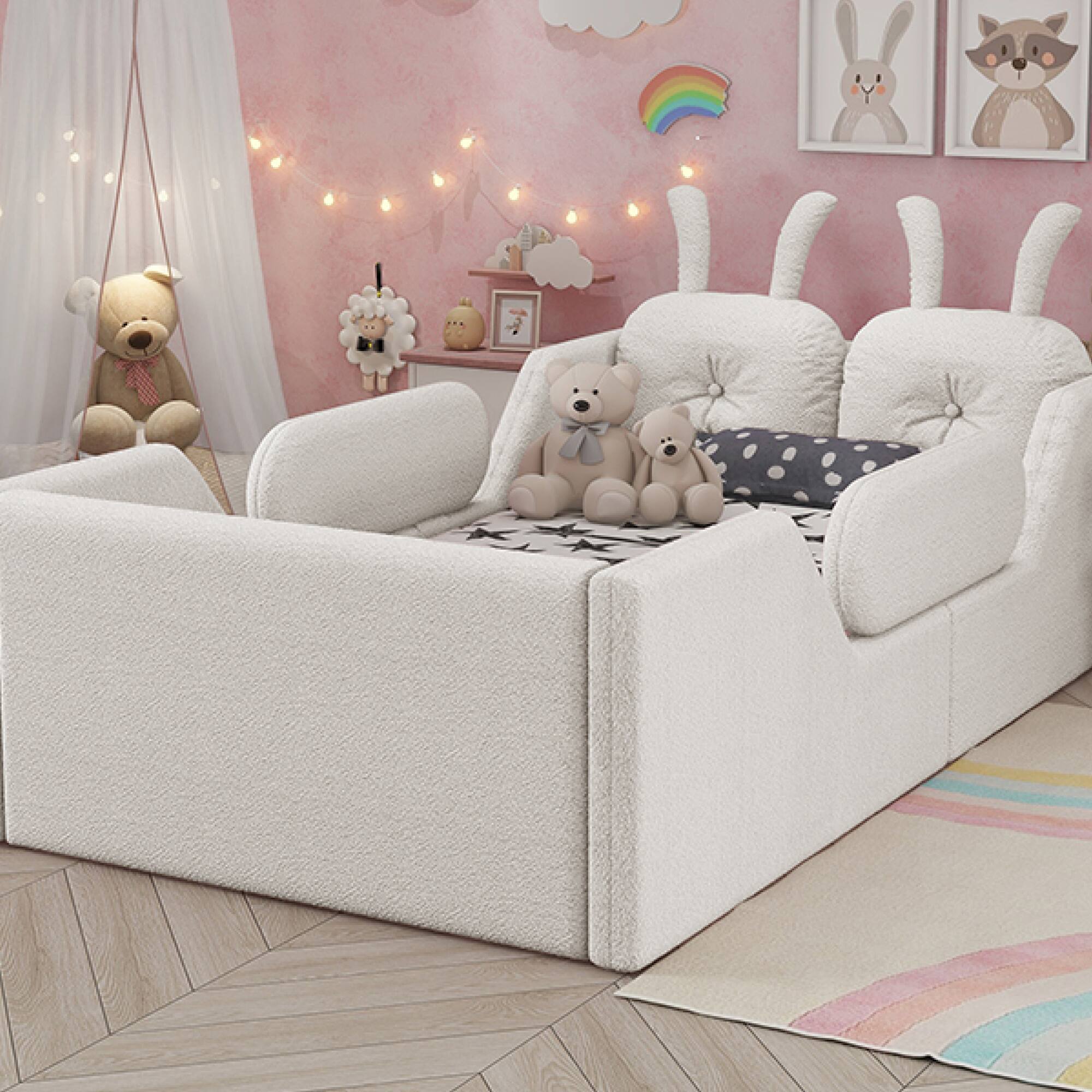 Alt View 9. GOODSILO - Twin Size Upholstered Platform Bed with Decorative Cushions and Removable Safety Rails for Children - White.