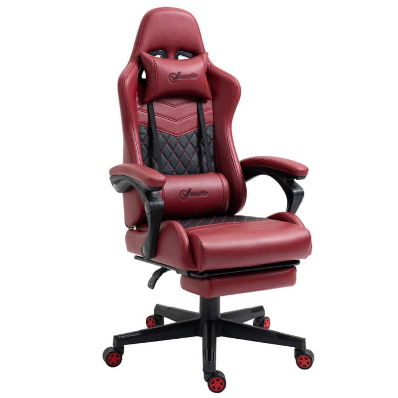 HTUTWOO - High Back PU Leather Gaming Chair - with Lumbar Support & Retractable Footrest,Swivel,for Home Office/Gaming Room - Red