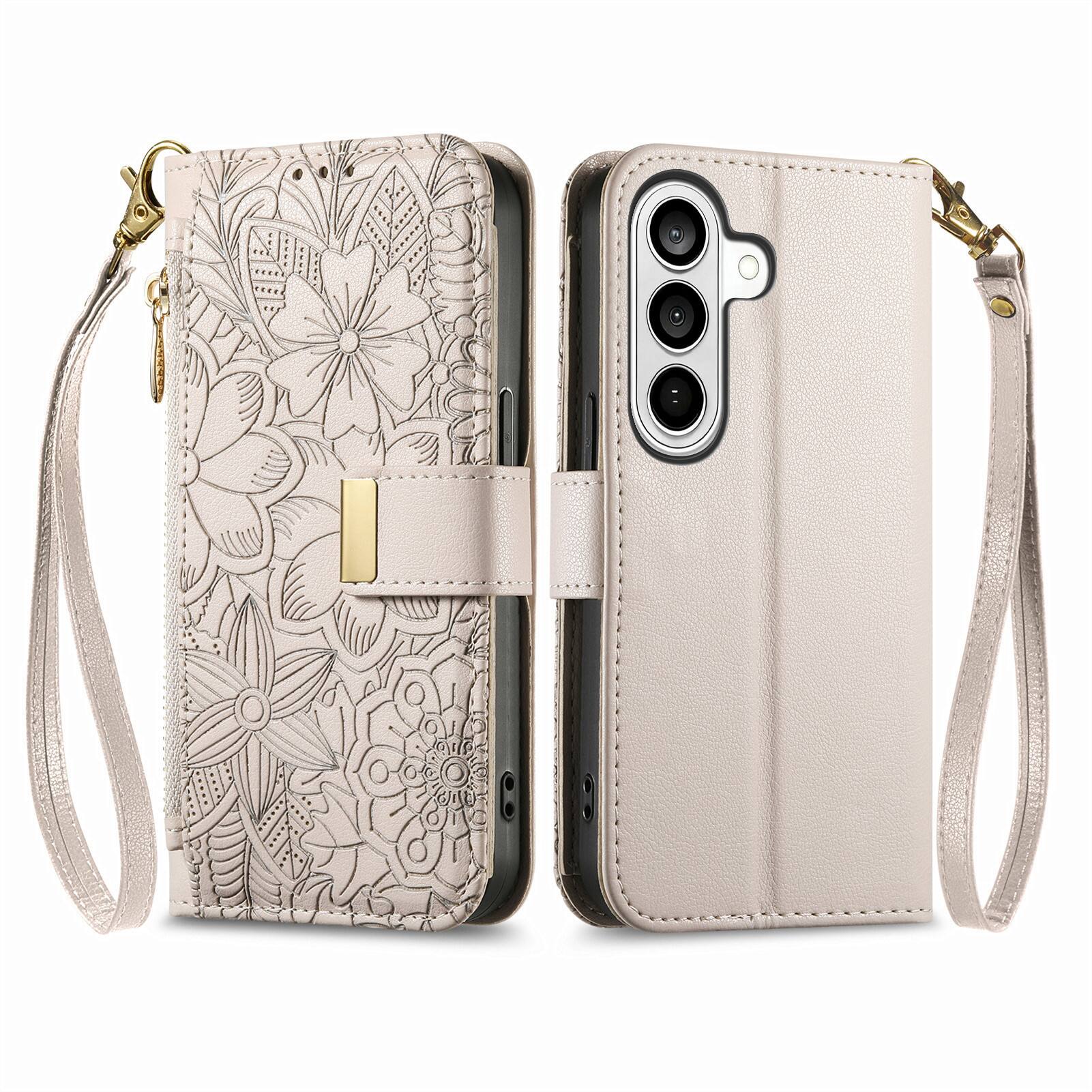 Angle. UUCOVER - Floral PU Leather Wallet Case for Samsung Galaxy S26 with Zipper Pocket, Cash Card Slot Holder, Shoulder & Wrist Strap - Beige.