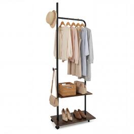 Costway - Freestanding Clothing Rack with Wheels, Wooden Garment Rack with Hanging Rod - Rustic Brown+ Black